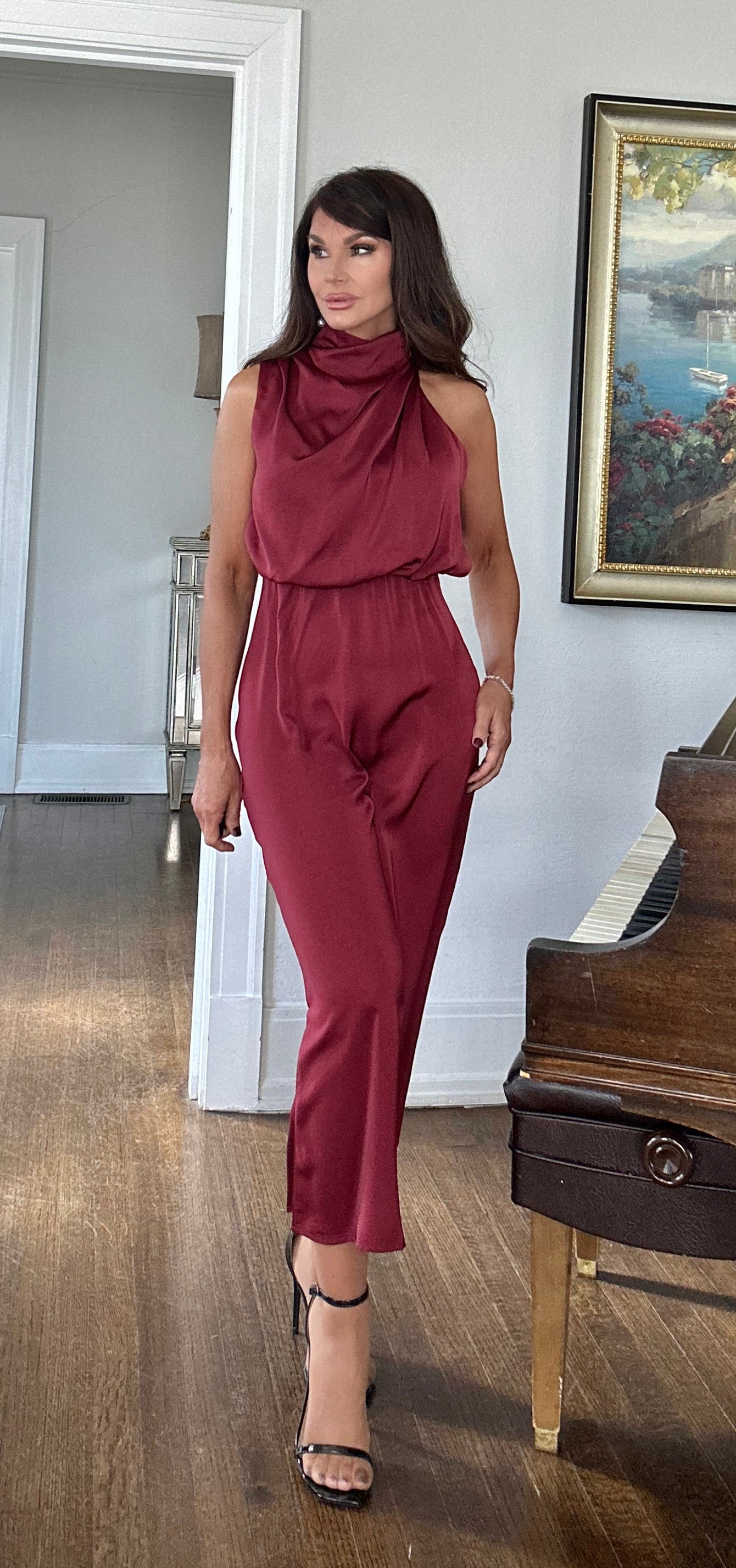 Vicki burgundy sleeveless draped mock neck satin midi