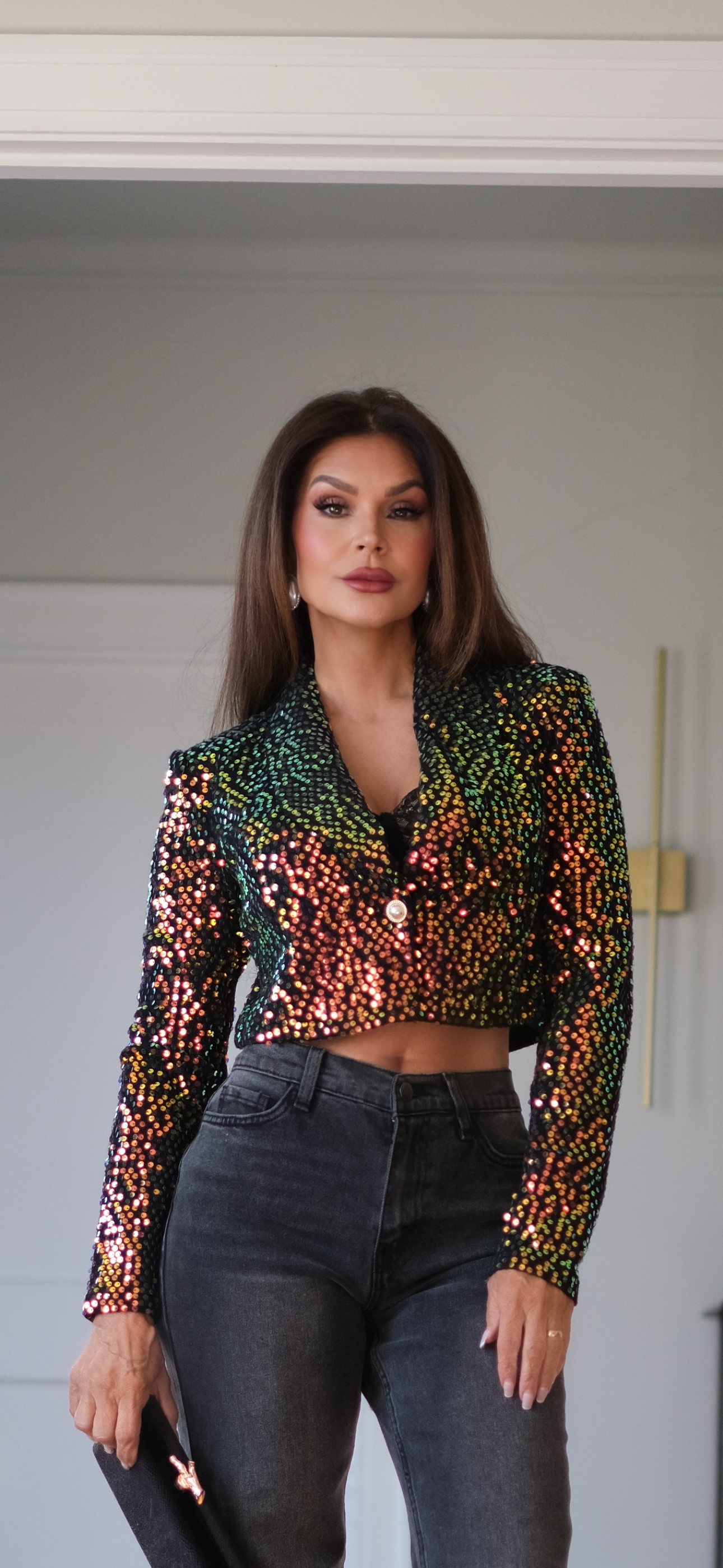 Trinity black sequin crop blazer with pearl button