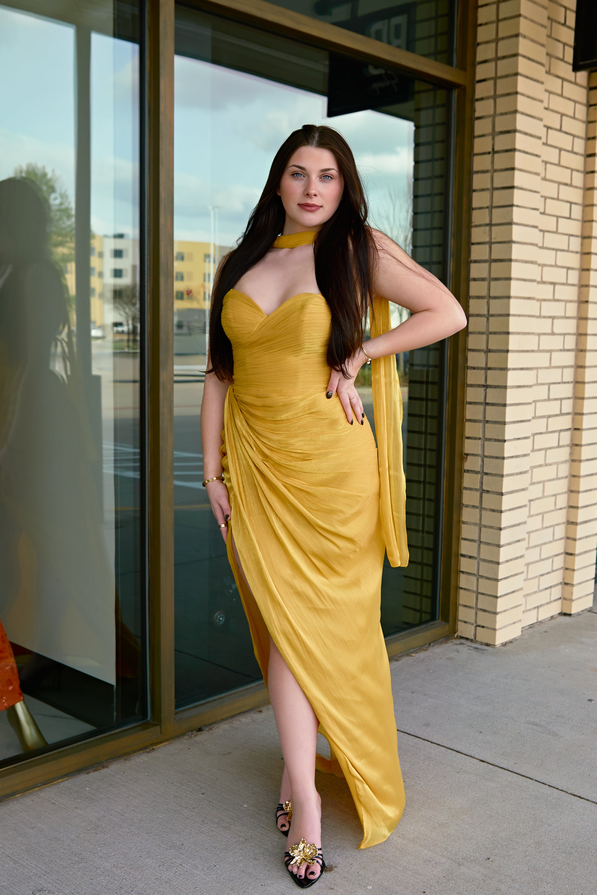 Jody Marigold chiffon draped gown with sweetheart neckline