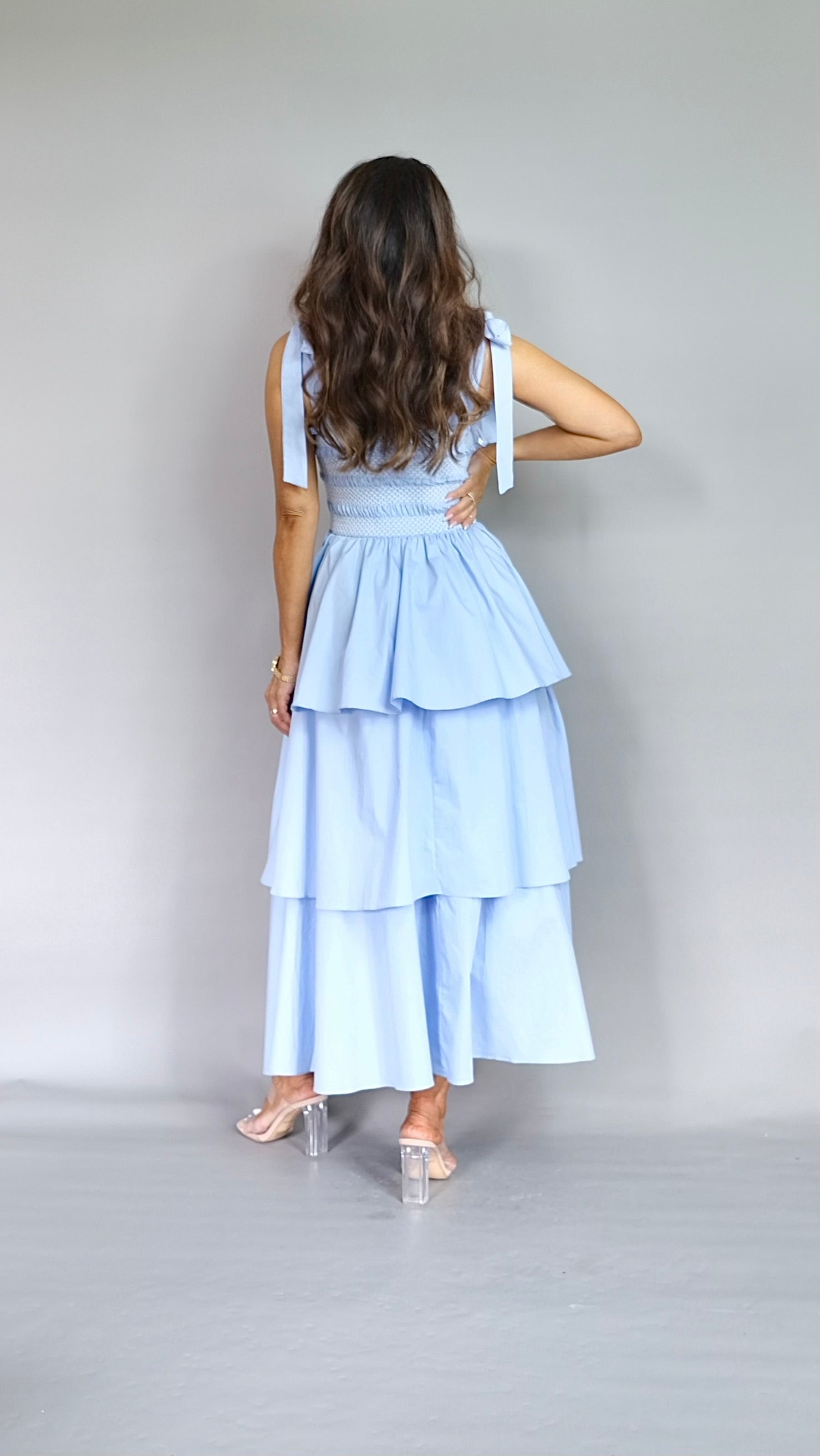 Blanca chambray poplin smocked tie strap midi dress