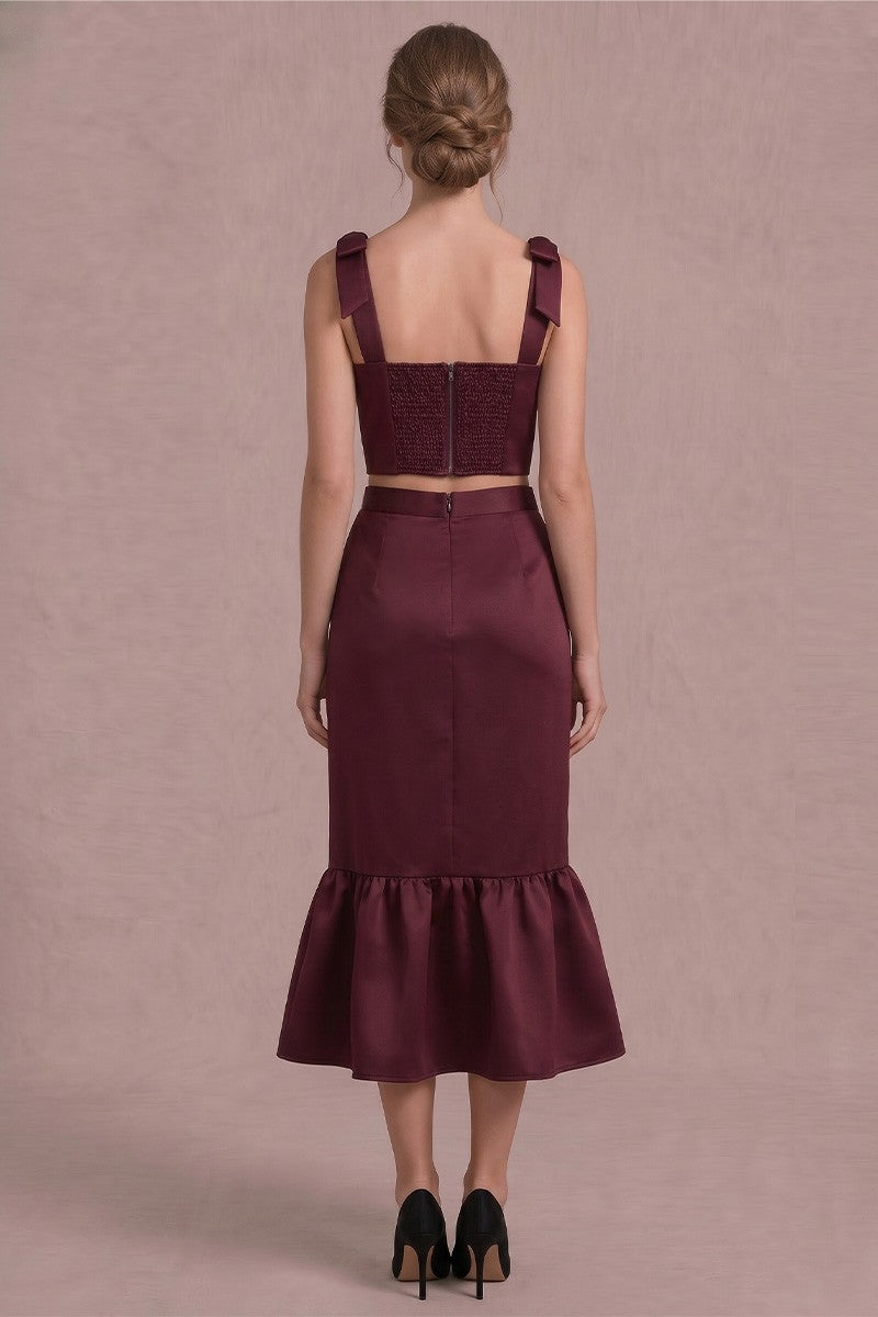 Stella Burgundy Ruffle Hem Satin Skirt