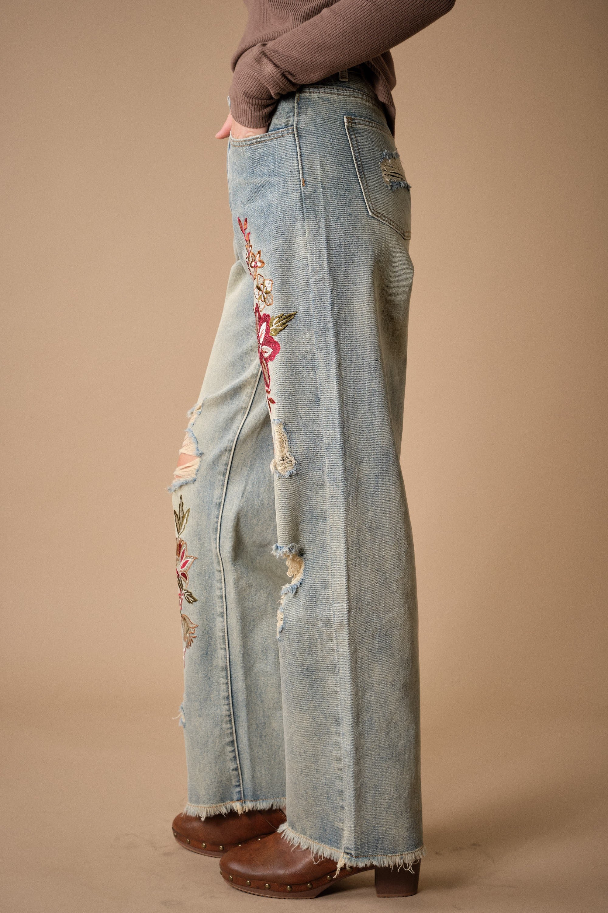 Vicki Denim Floral Embroidered Distressed Jeans