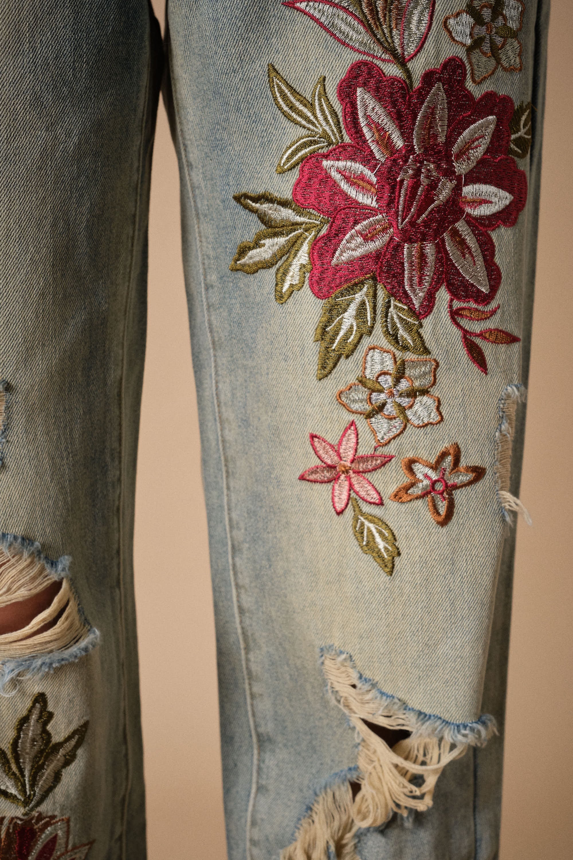 Vicki Denim Floral Embroidered Distressed Jeans