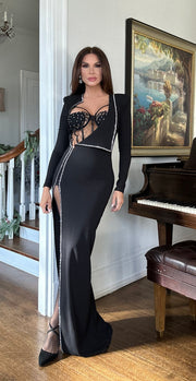 Victoria Black Long Sleeve Formal With Rhinestone Embellishment