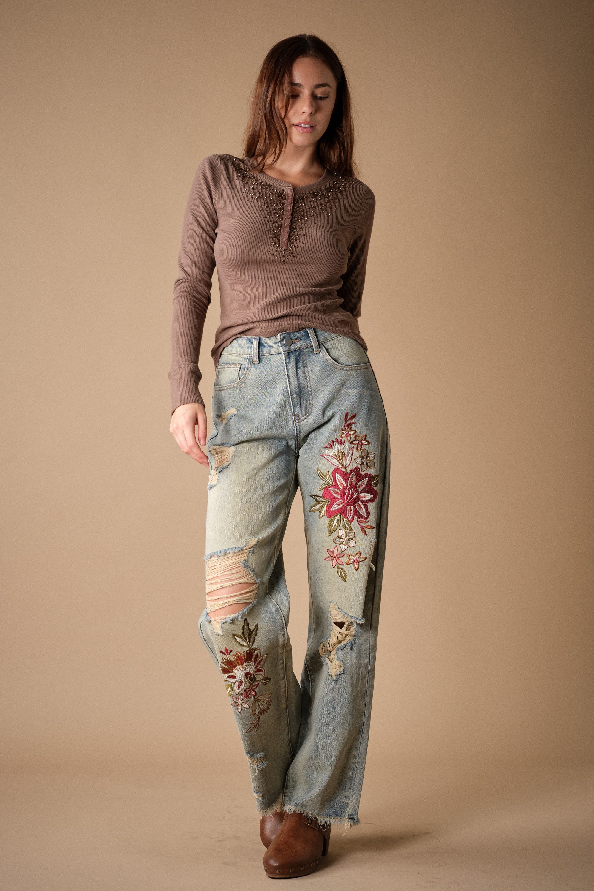 Vicki Denim Floral Embroidered Distressed Jeans