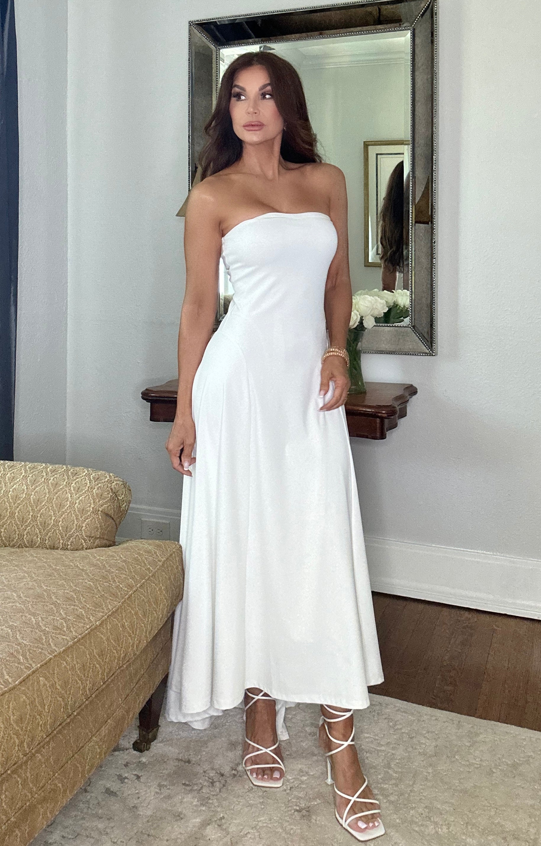 Cindy white strapless fit and flare maxi with asymmetrical hem