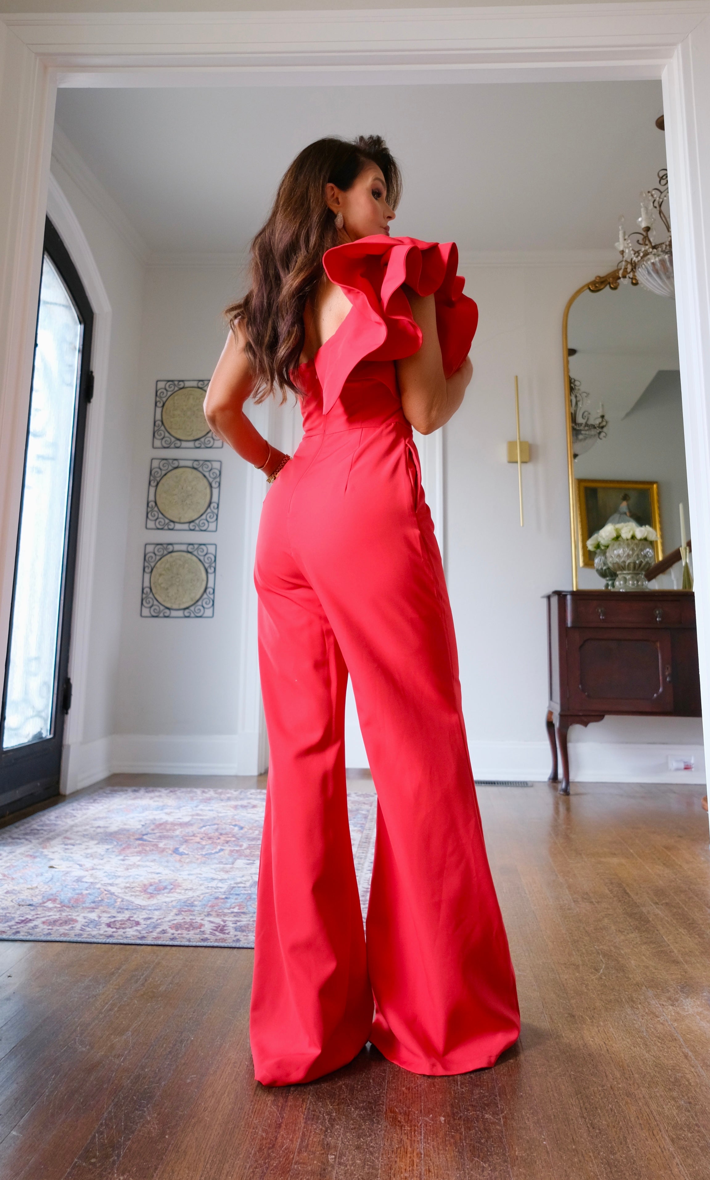 Maxine red ones houlder ruffle jumpsuit