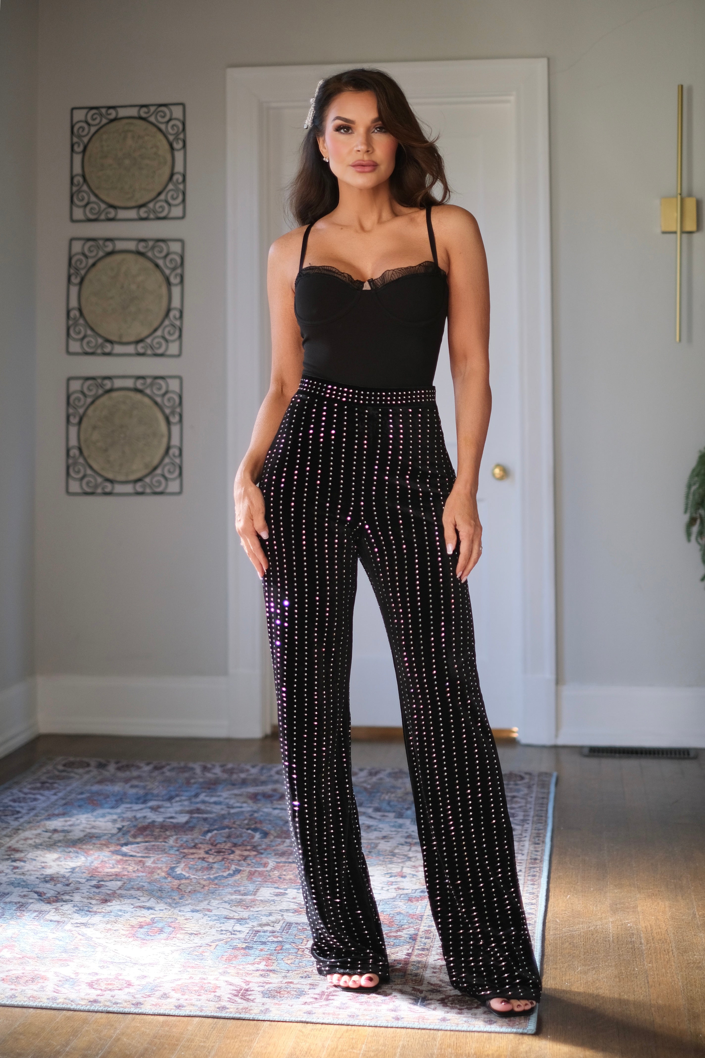 Banks Black Velvet Trousers with Rhinestone Pin Striping