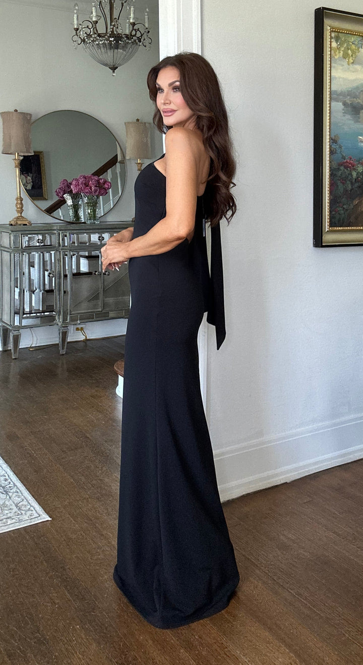 Roxanne black one shoulder maxi dress with oversized ribbon