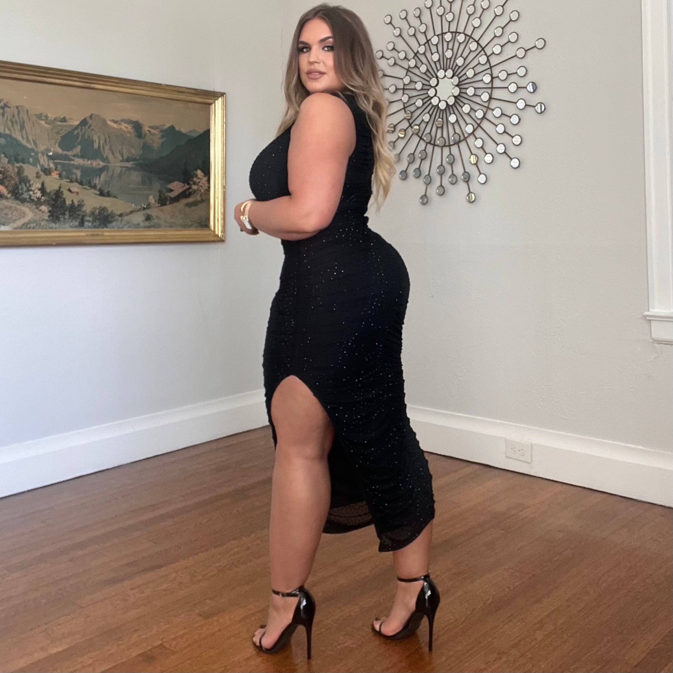 Mercedes Black Ruched Boatneck Beaded Midi Dress