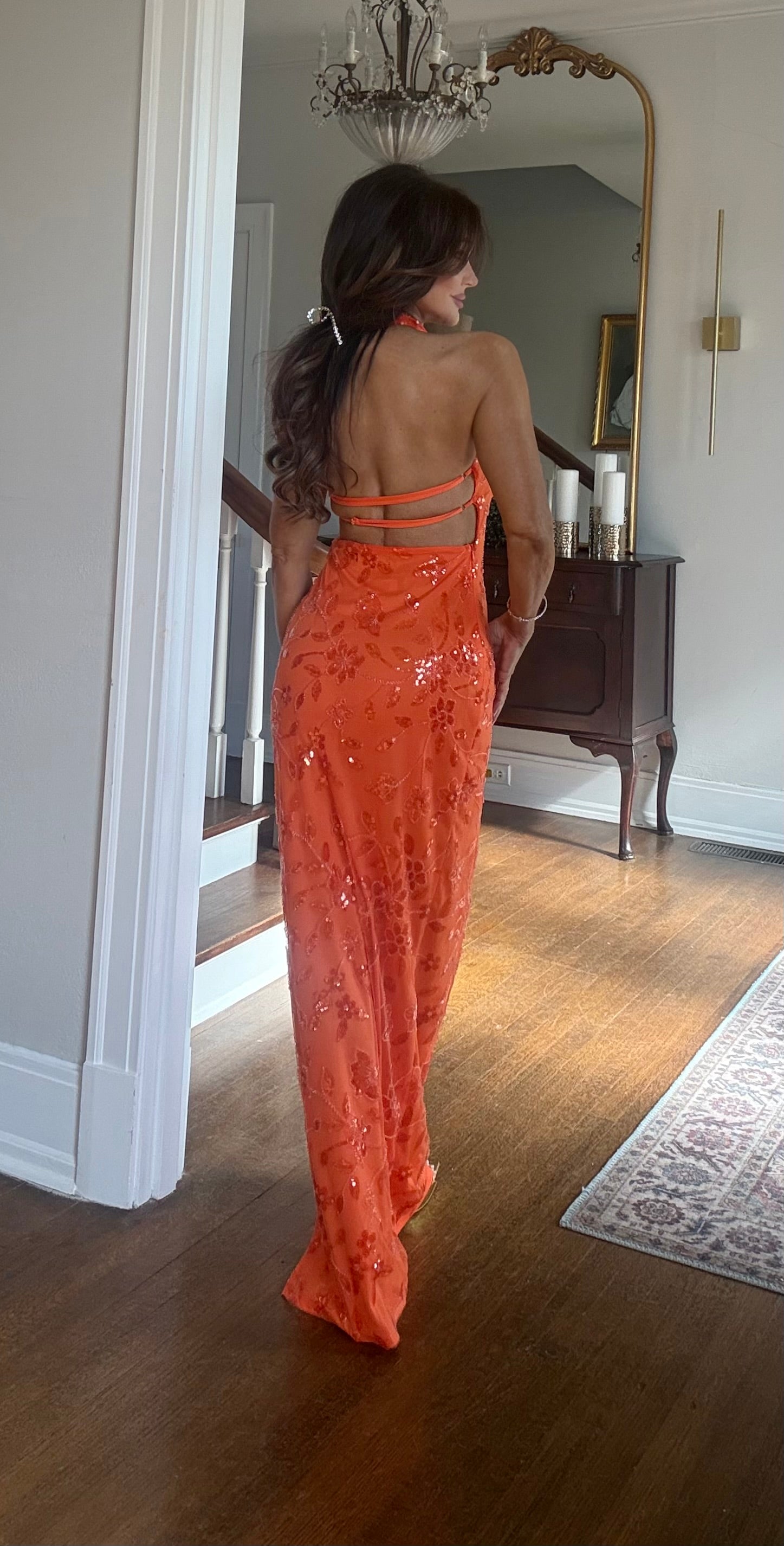 Olandria Orange Sequin Halter Backless Formal