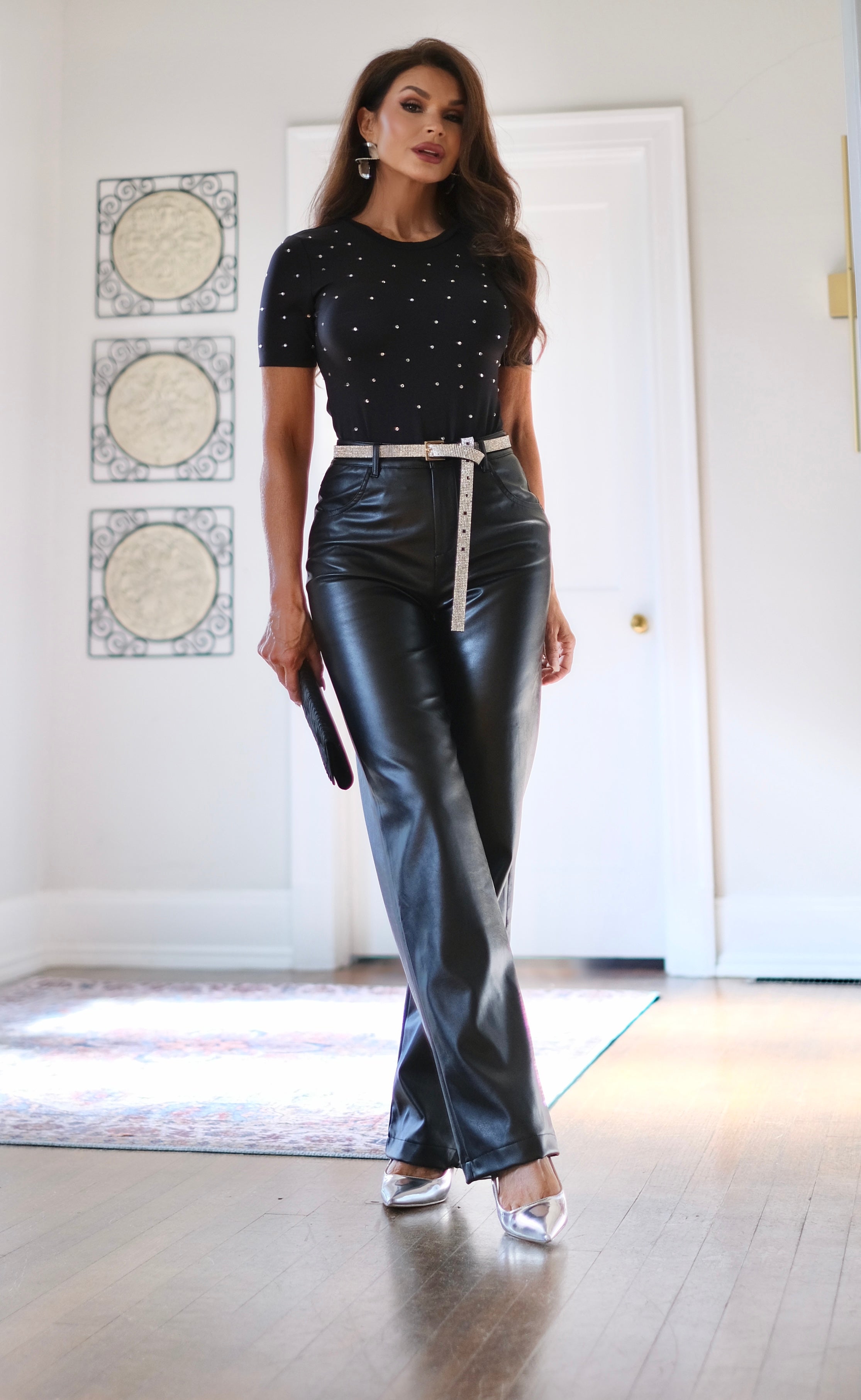 Kris black vegan leather high waist straight leg pant