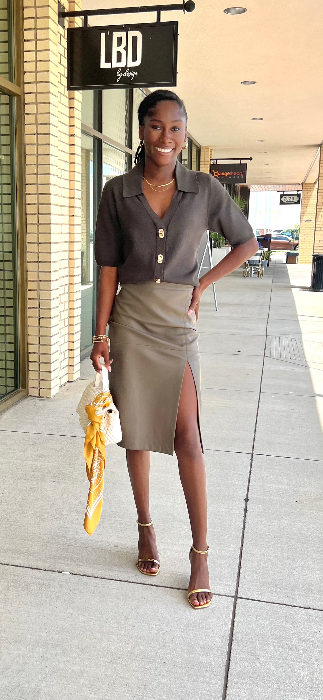 Italy dark olive knit top with gold toggle buttons
