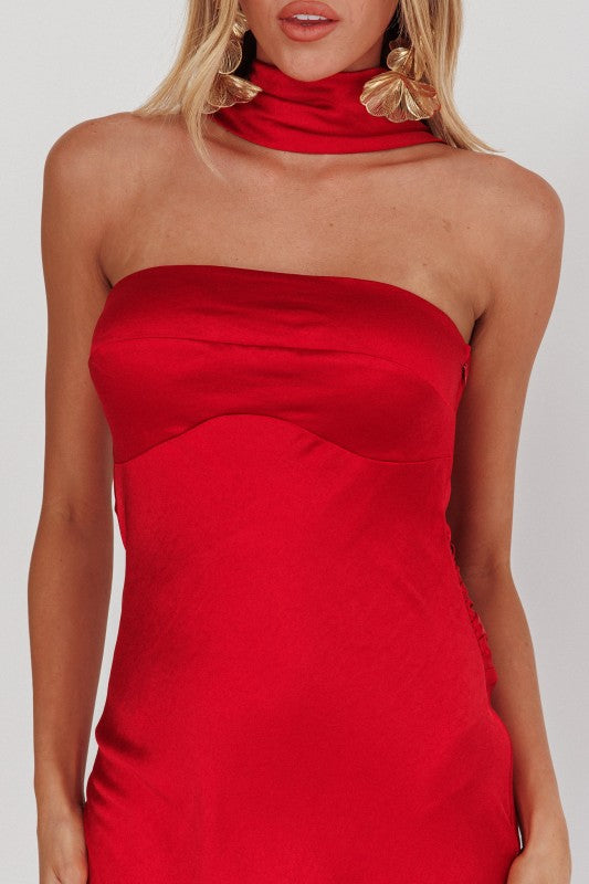 Posh Satin Midi Dress With Attached Neck Sash