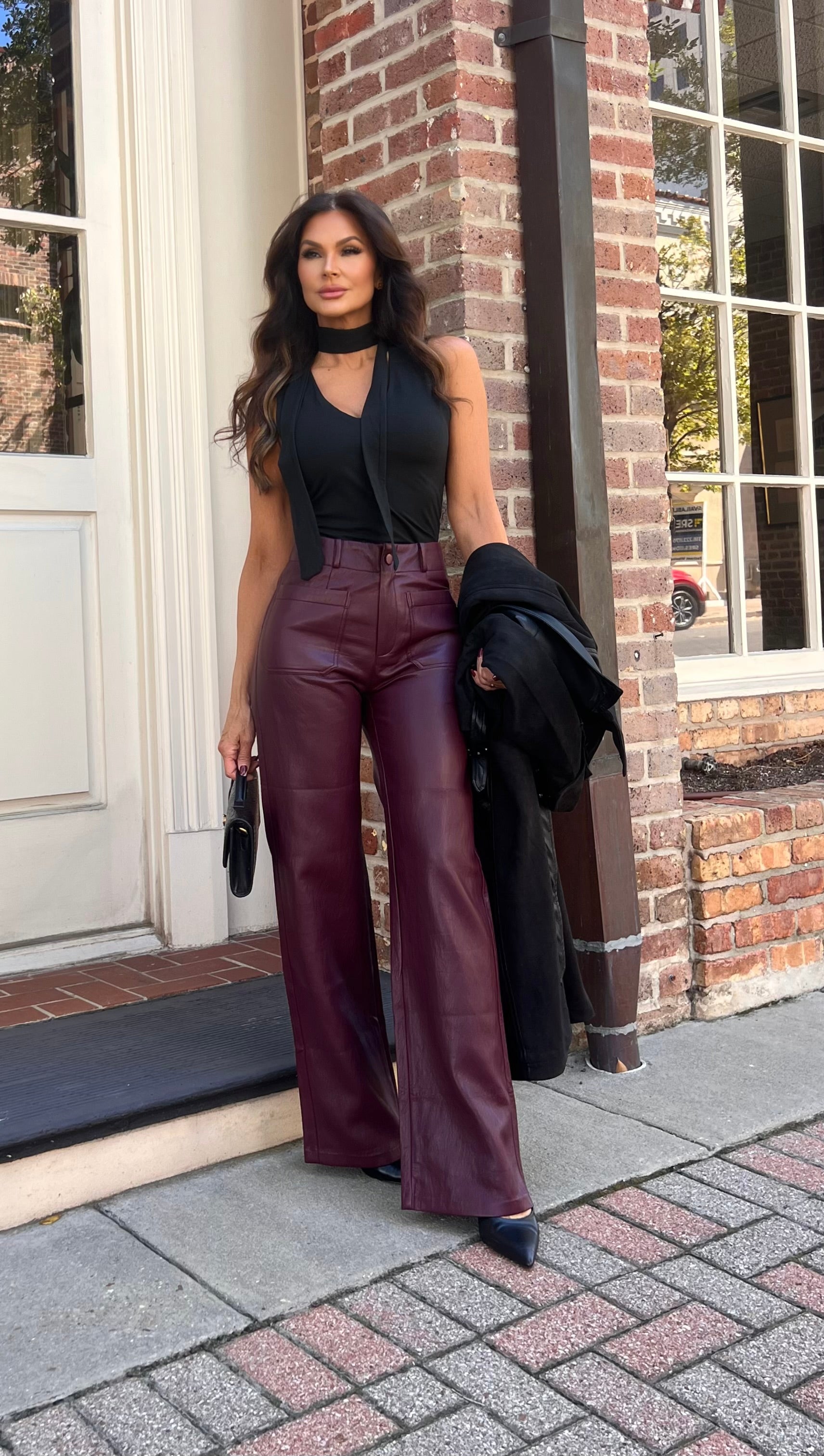 Reeve Burgundy Soft Vegan Leather High Rise Trouser