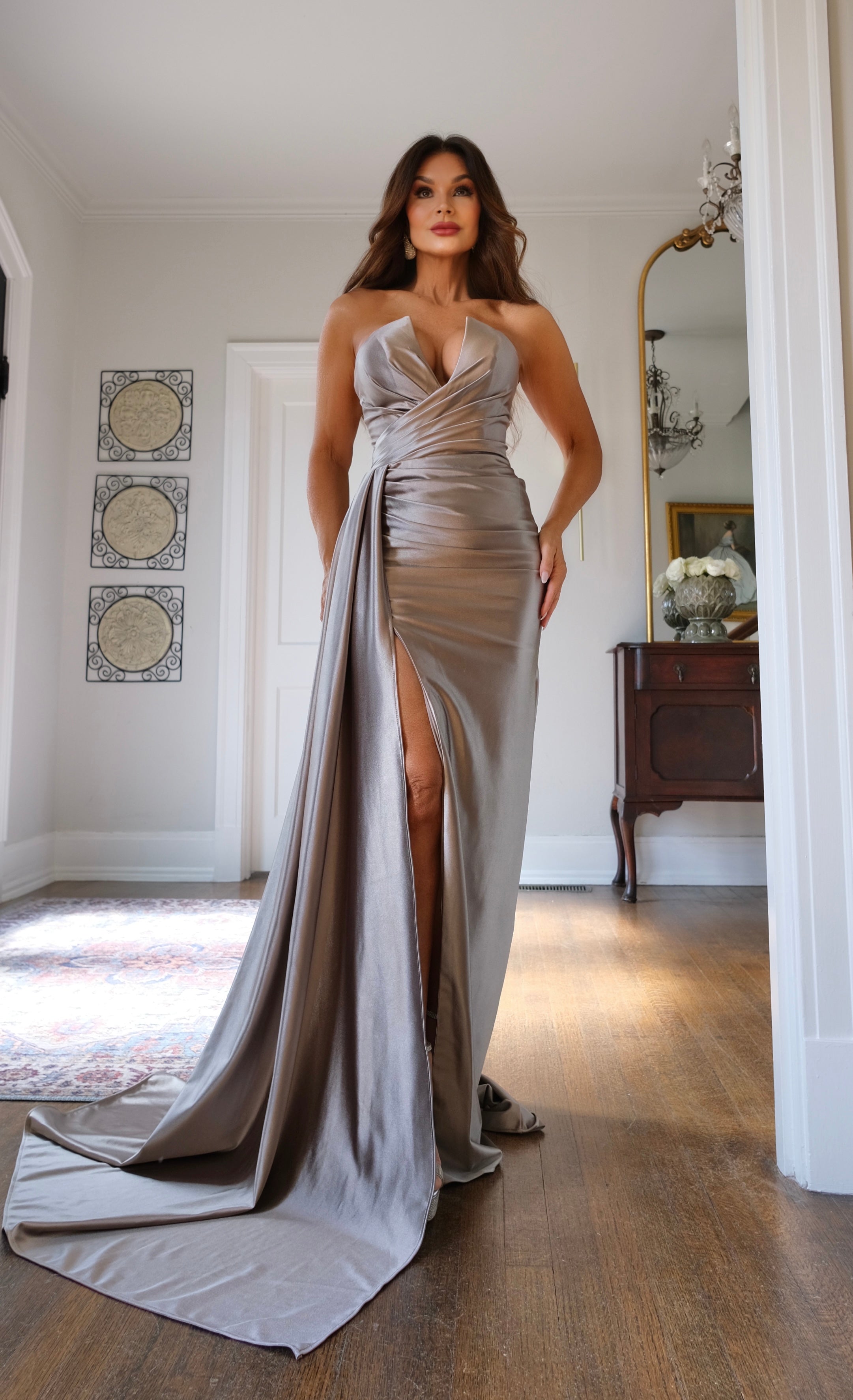 Sasha graphite silver strapless satin dress with slit and train