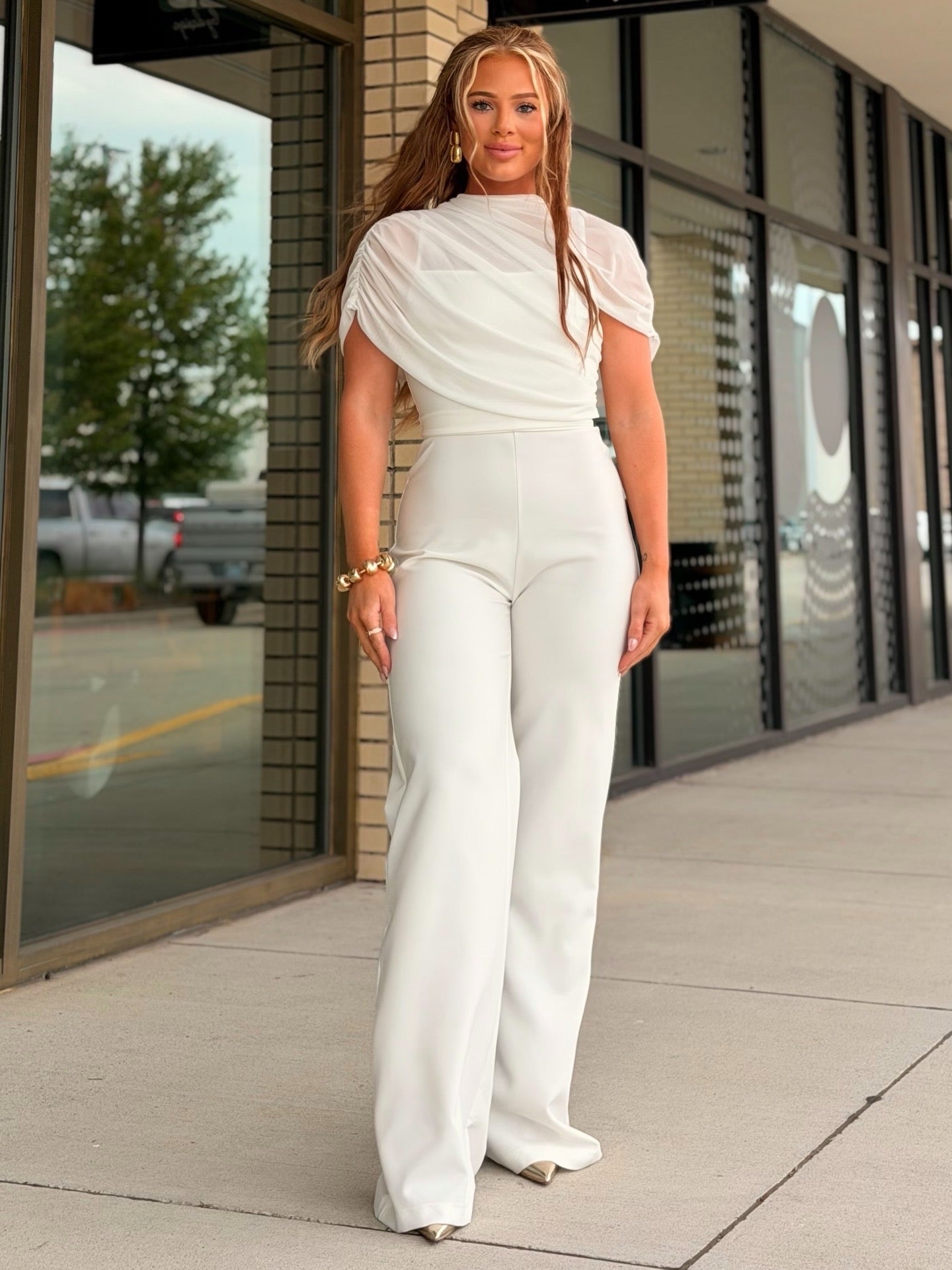 Celina white asymmetric cape jumpsuit