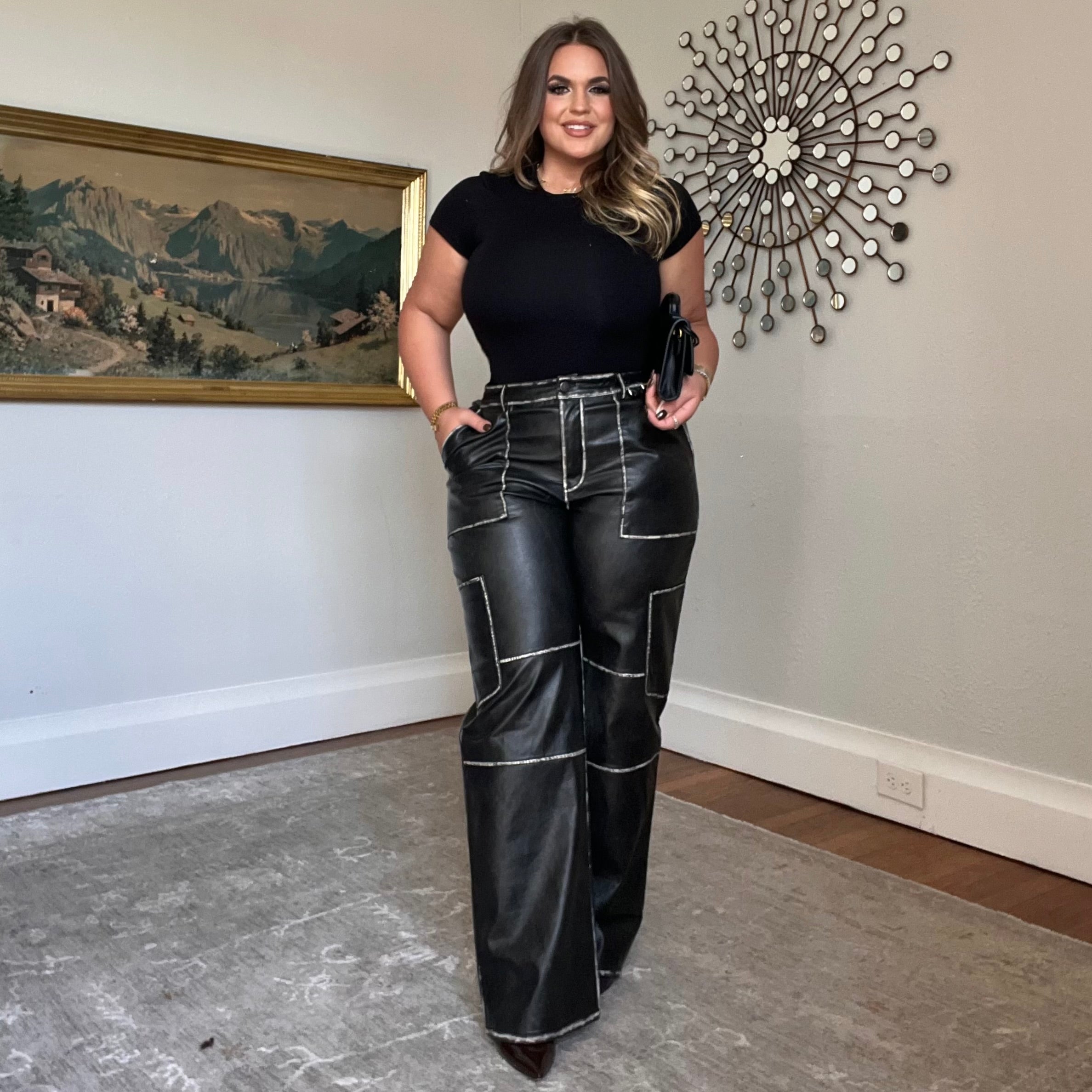 Cambria Vintage Black Vegan Leather Tan Stitch Cargo Pants