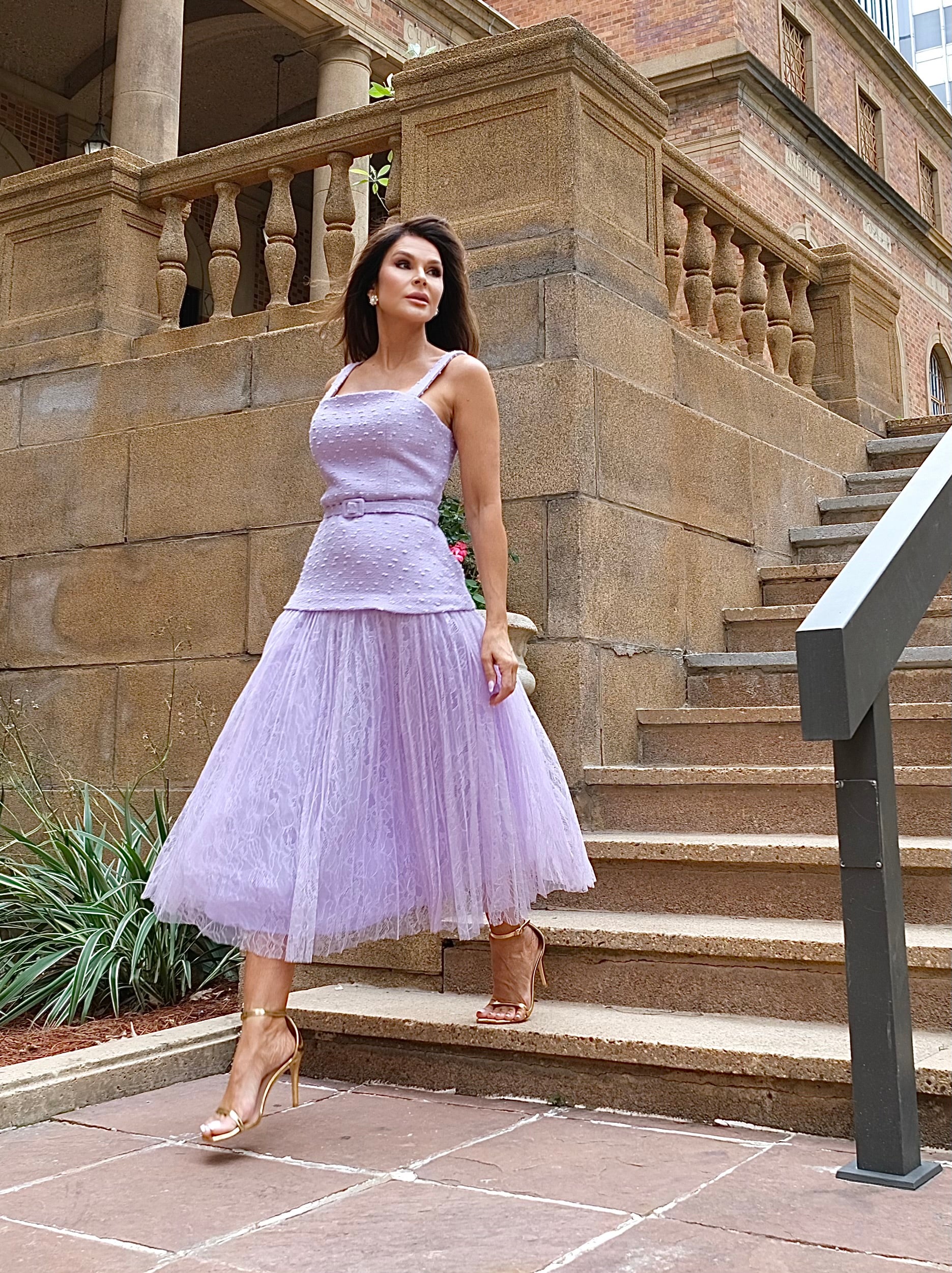 France lavender tweed peplum skirt with lace pleated skirt