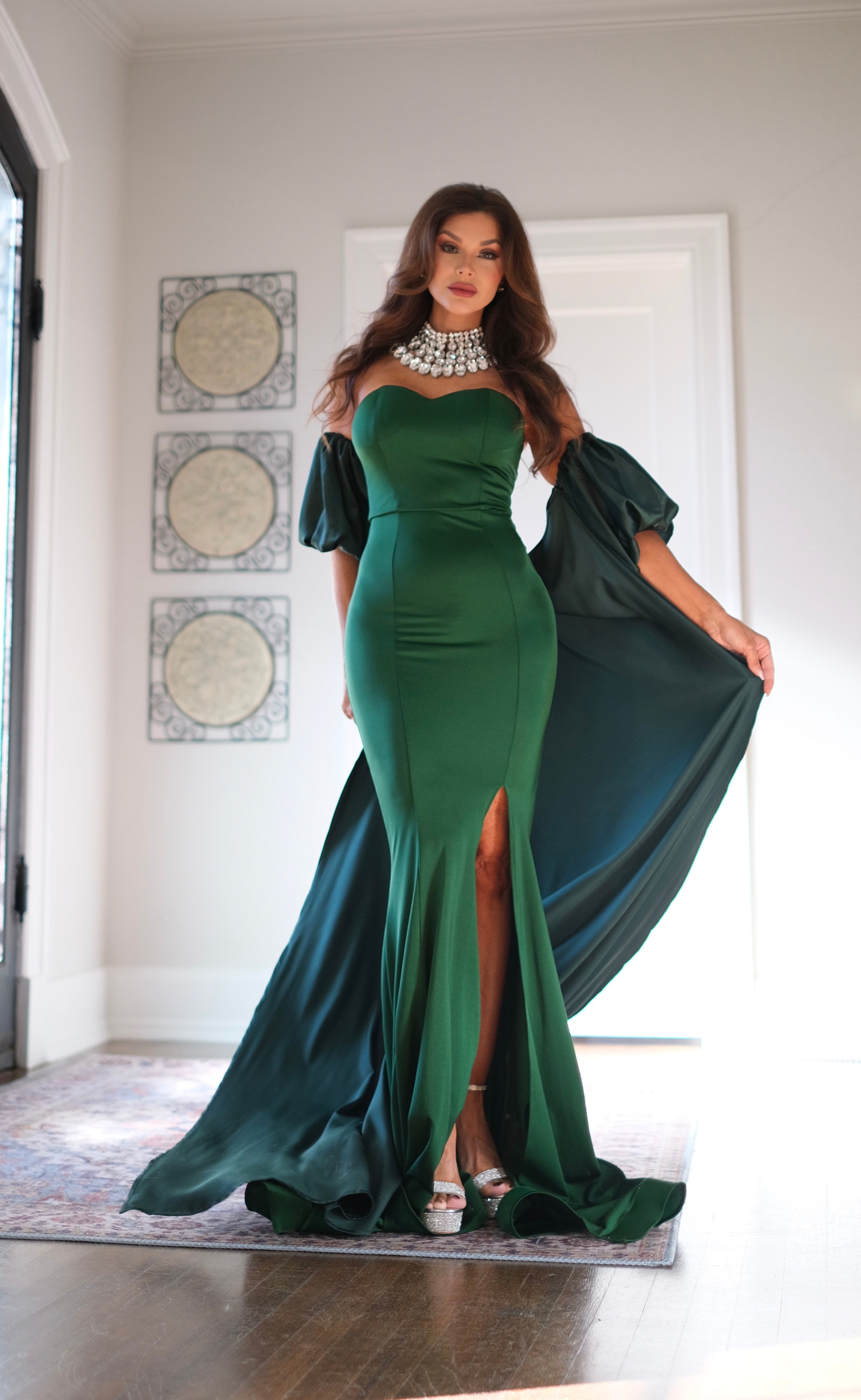 Luna hunter green strapless formal with slit and cape