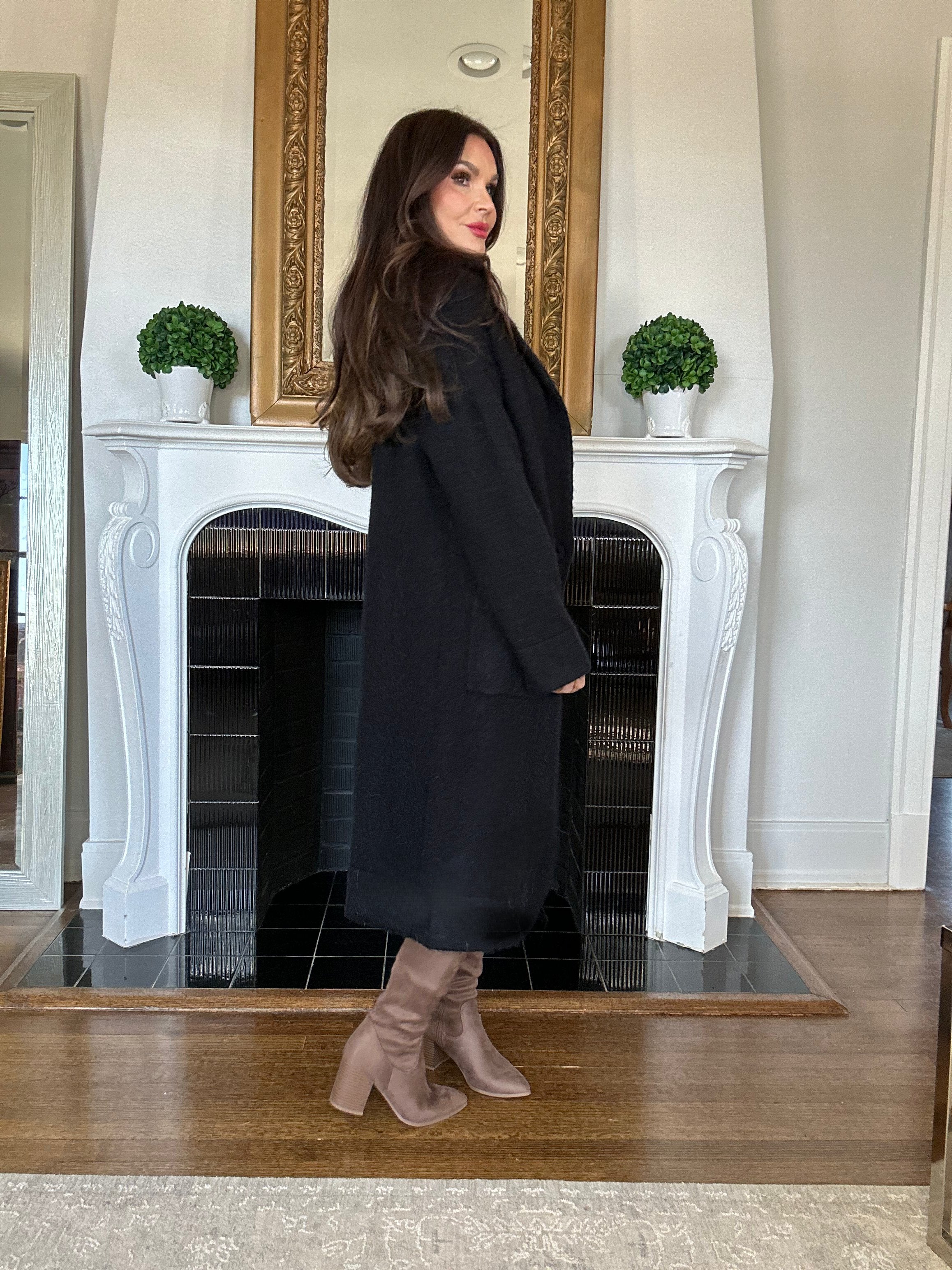 Anita black long line knit trench coat