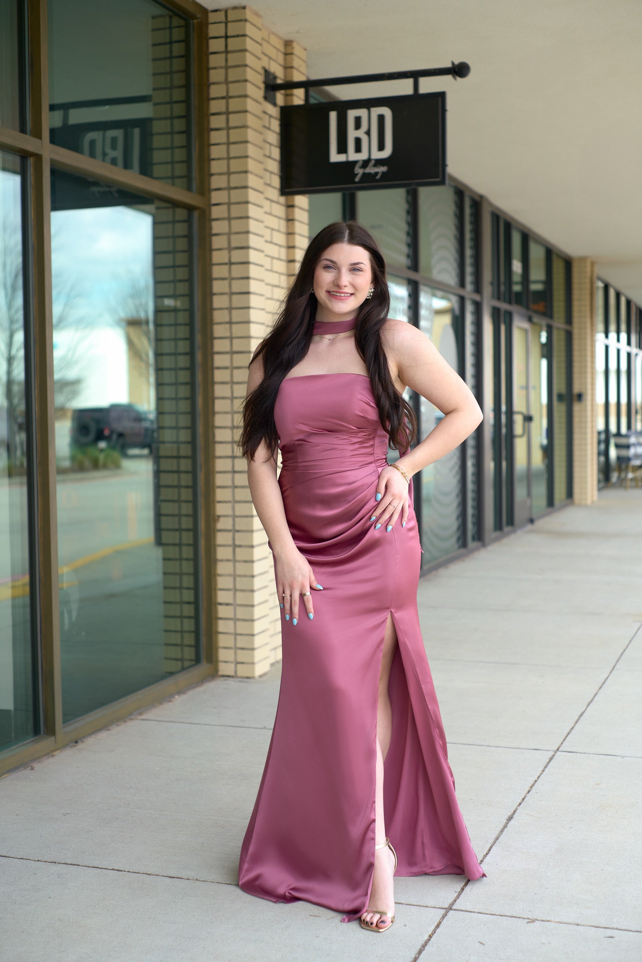 Samantha mauve strapless satin gown