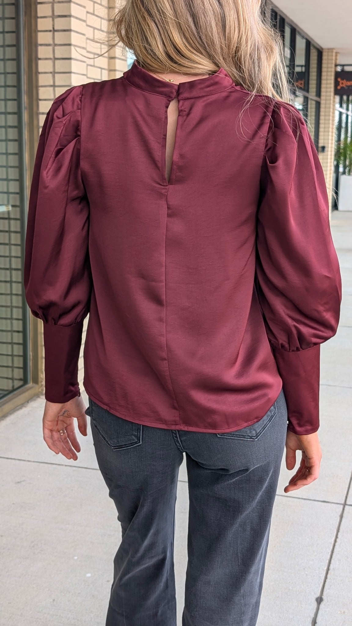 Corey Burgundy Cowl Neck Blouse with Long Lantern Sleeve