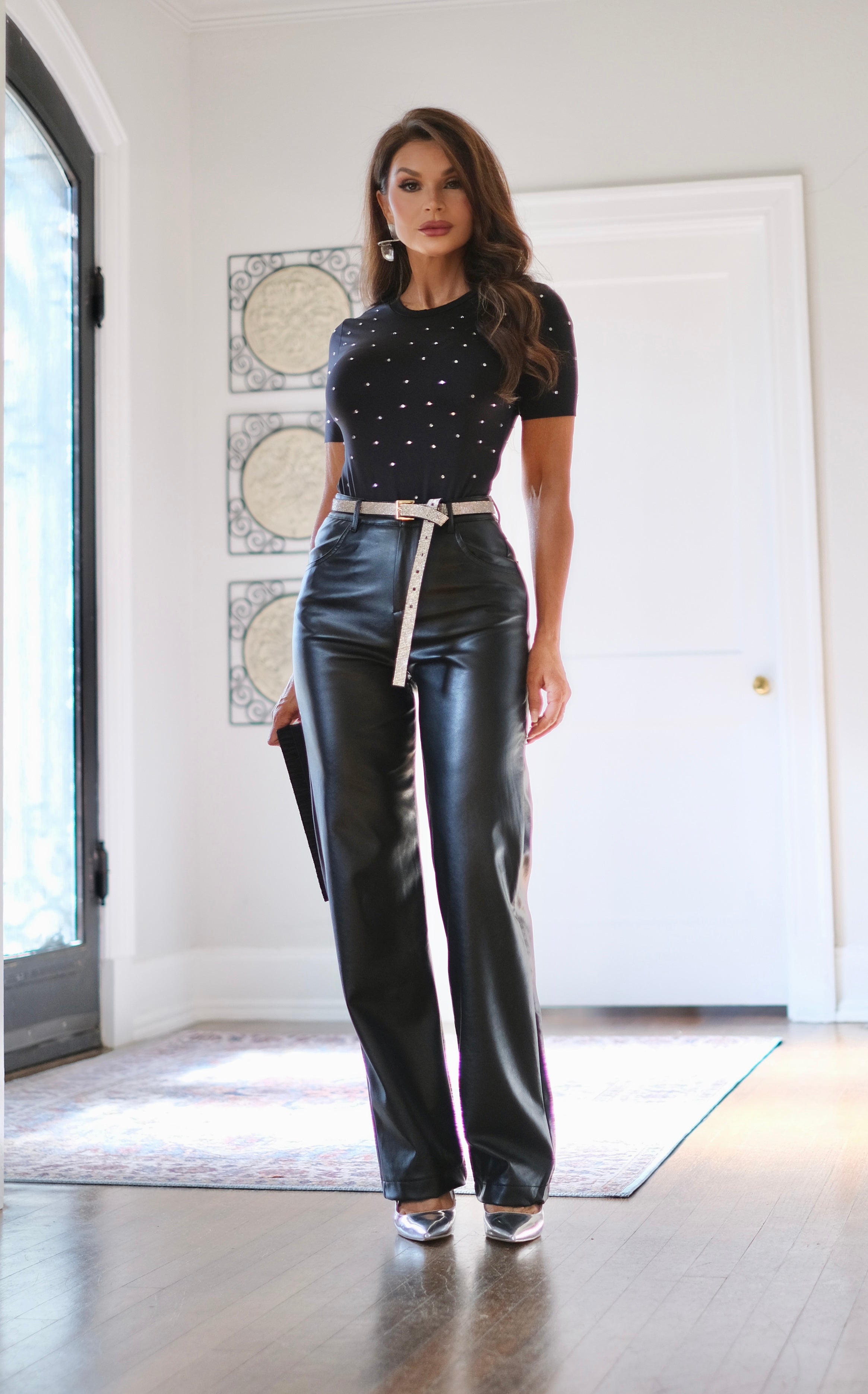 Kris black vegan leather high waist straight leg pant