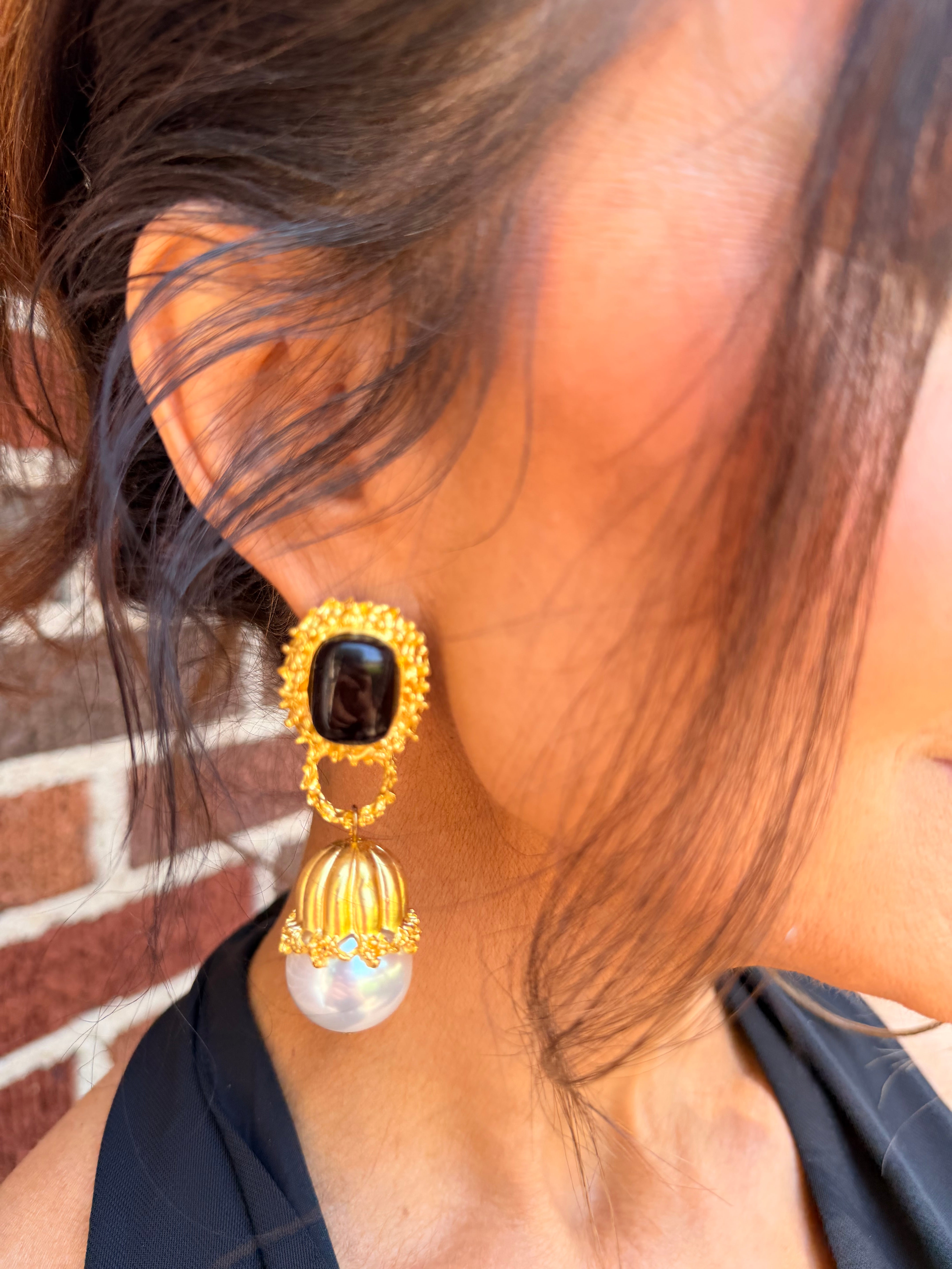Statement Gold Pearl Drop Black Stone Earrings