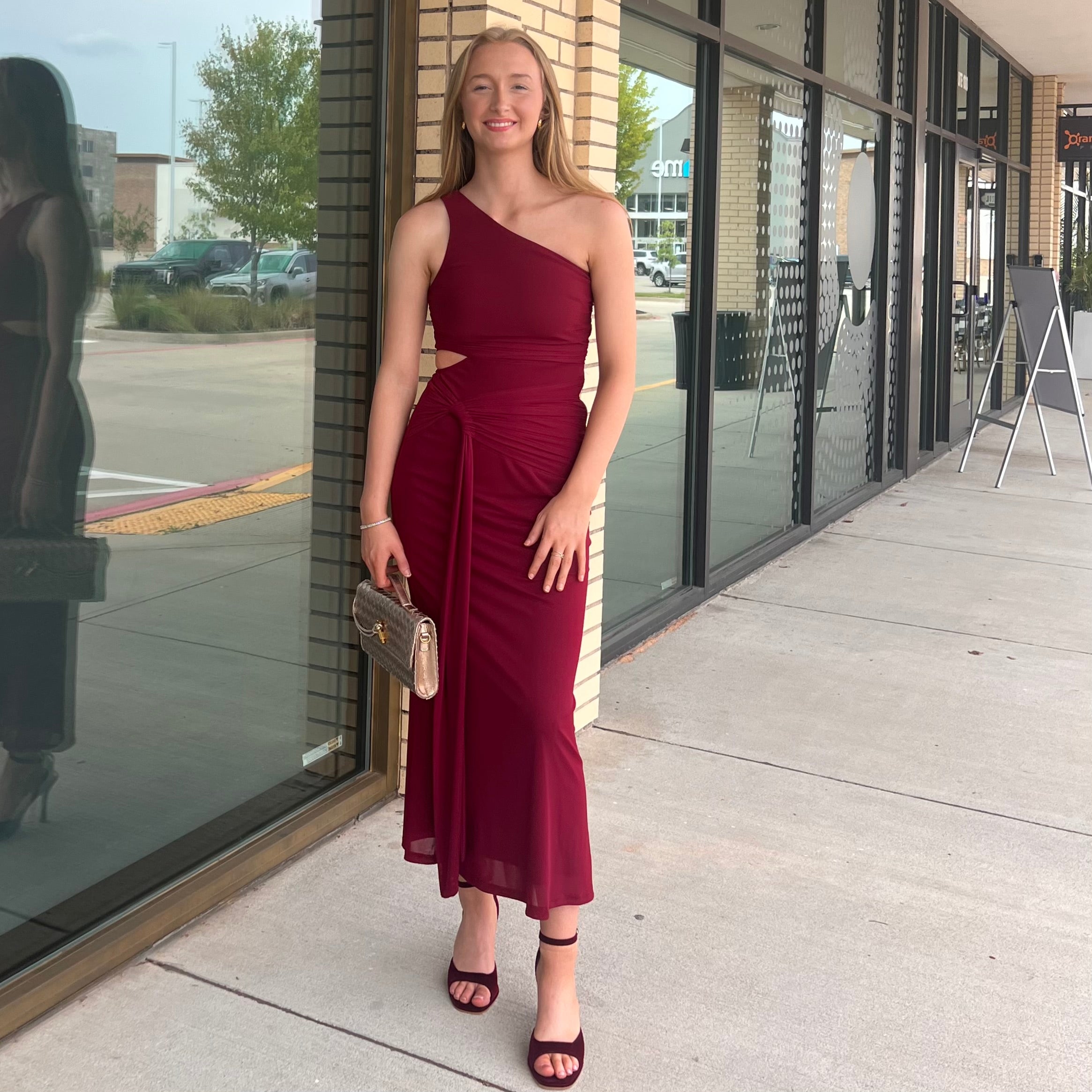 Tina Cherry Wine One Shoulder Side Cutout Midi Dress