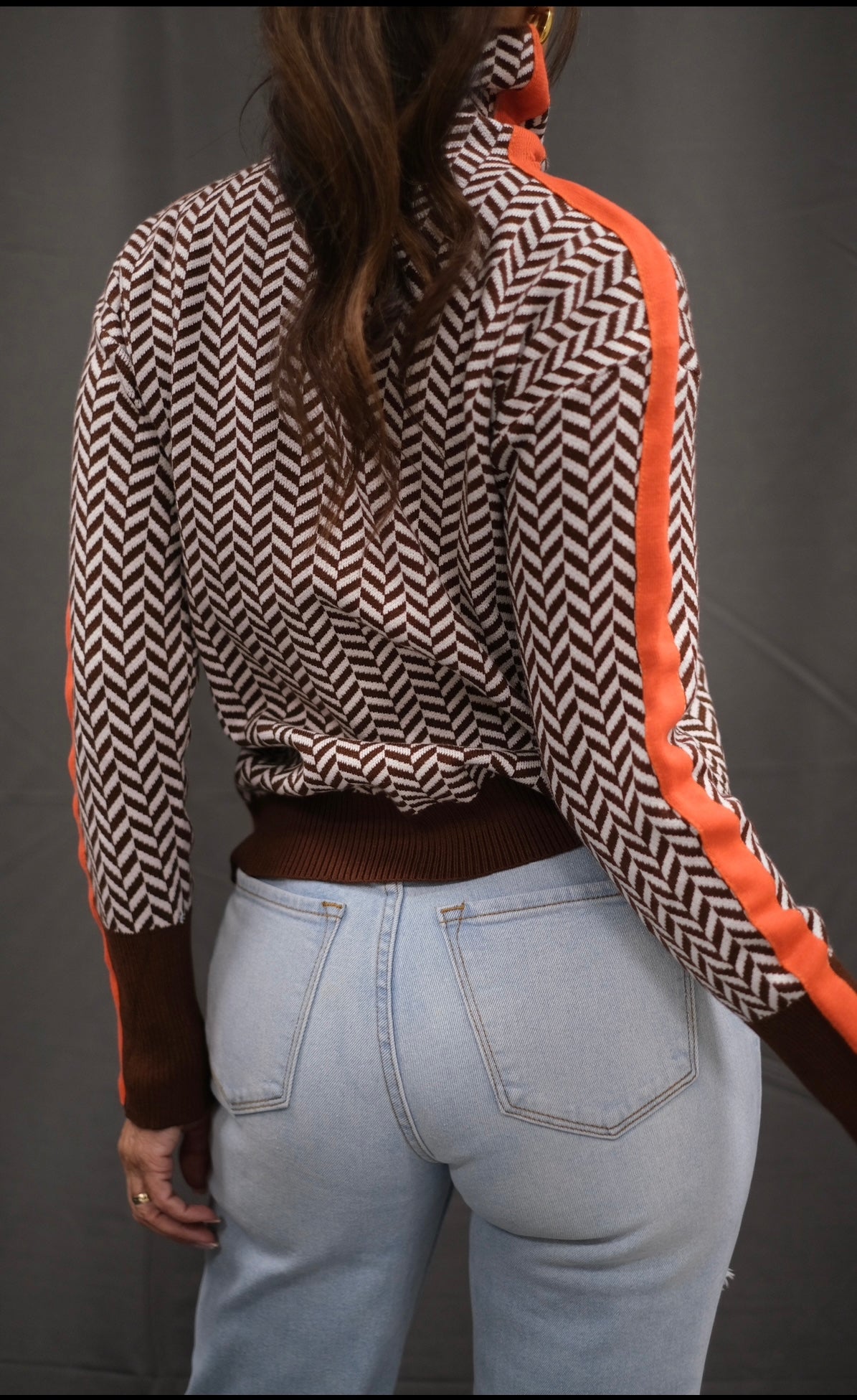 Chevvy Brown Chevron Knit Sweater with Orange Stripe