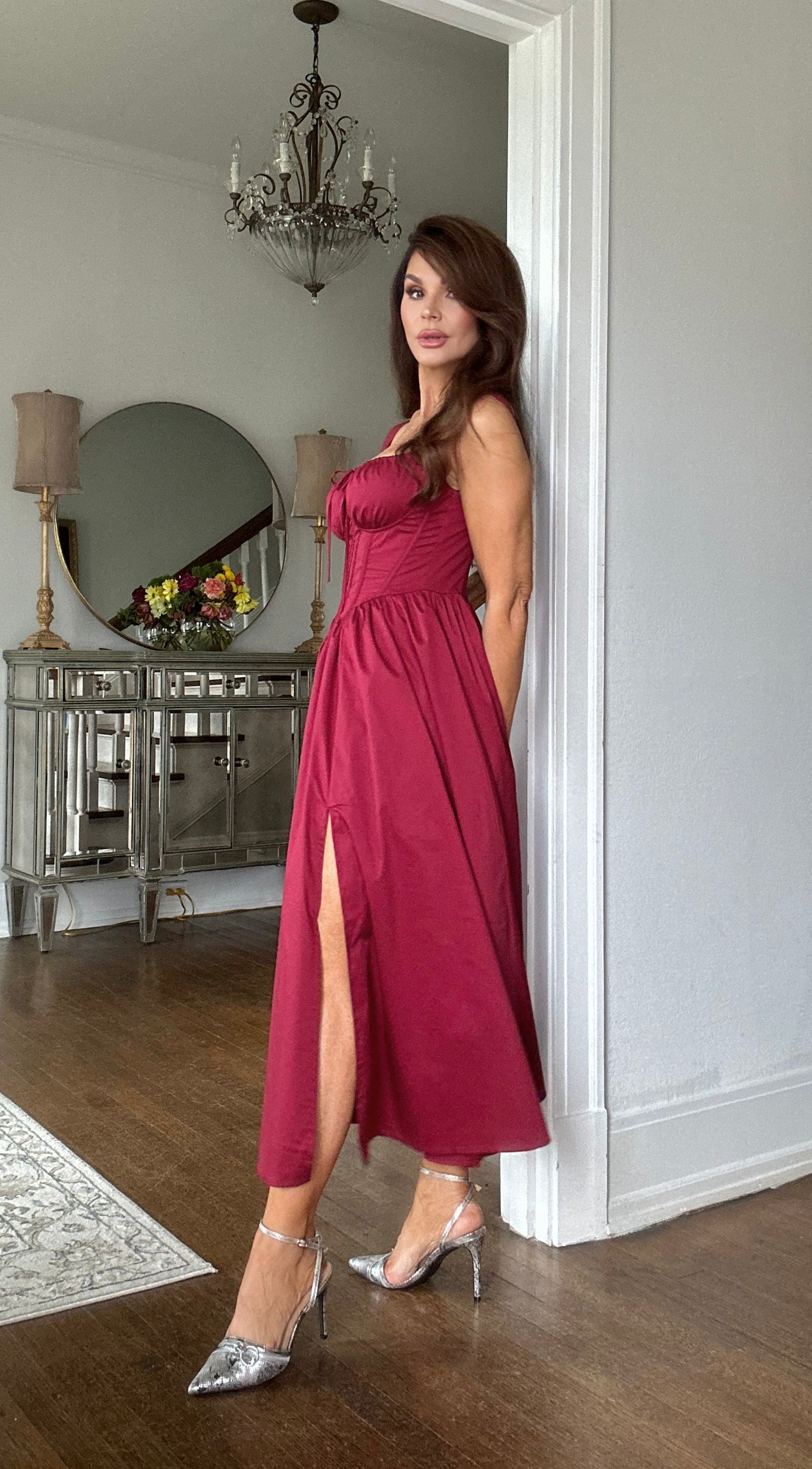 Teo wine corset a line maxi dress with slit