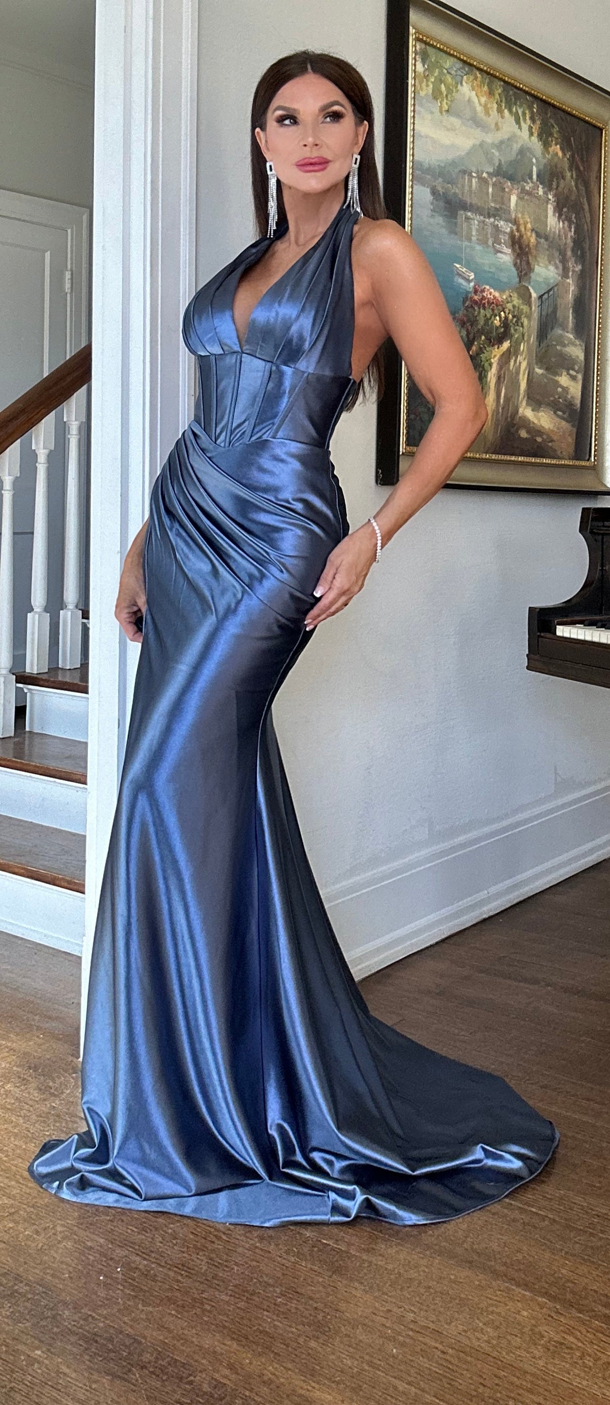 Angelina Smoke blue satin halter corset gown with slit