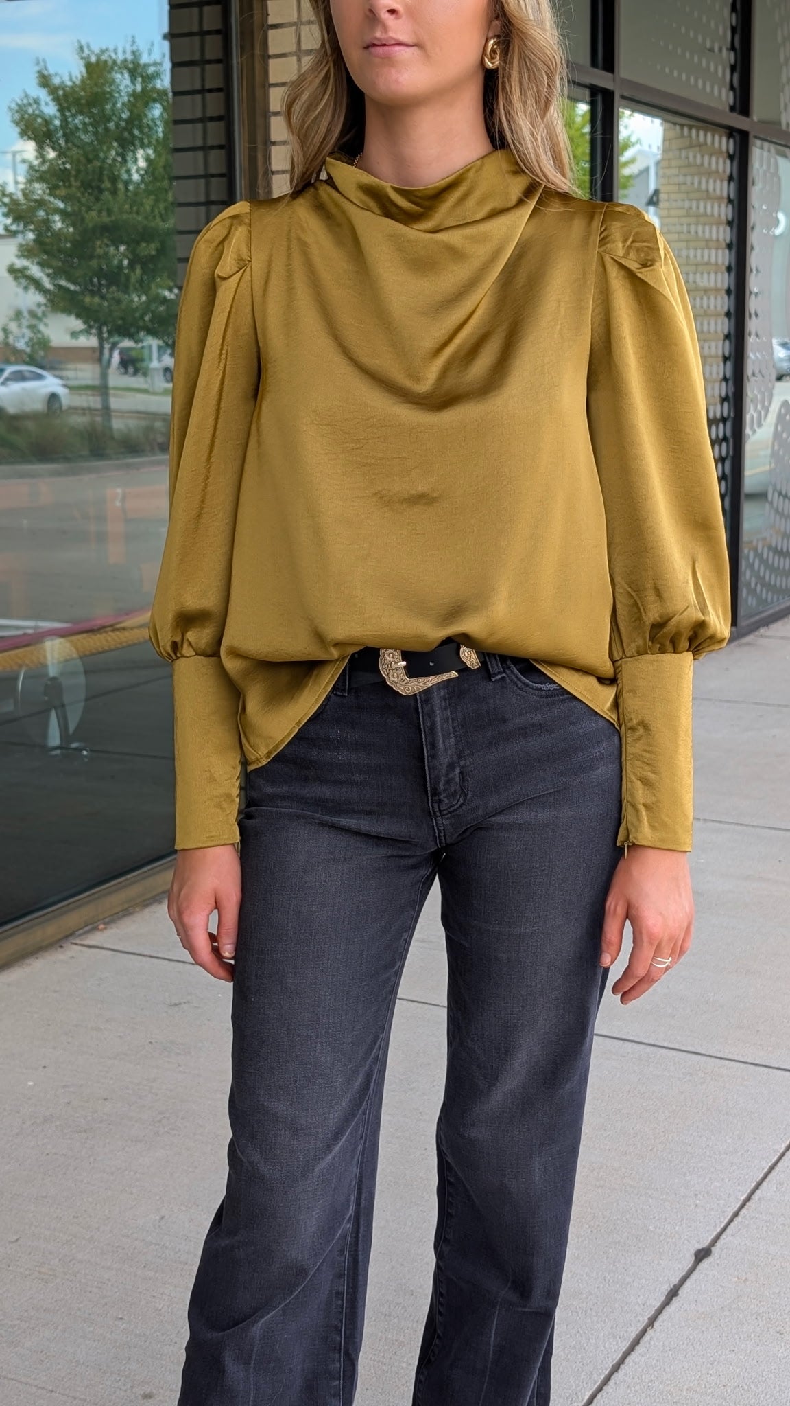 Corey Mustard Cowl Neck Blouse with Long Lantern Sleeve