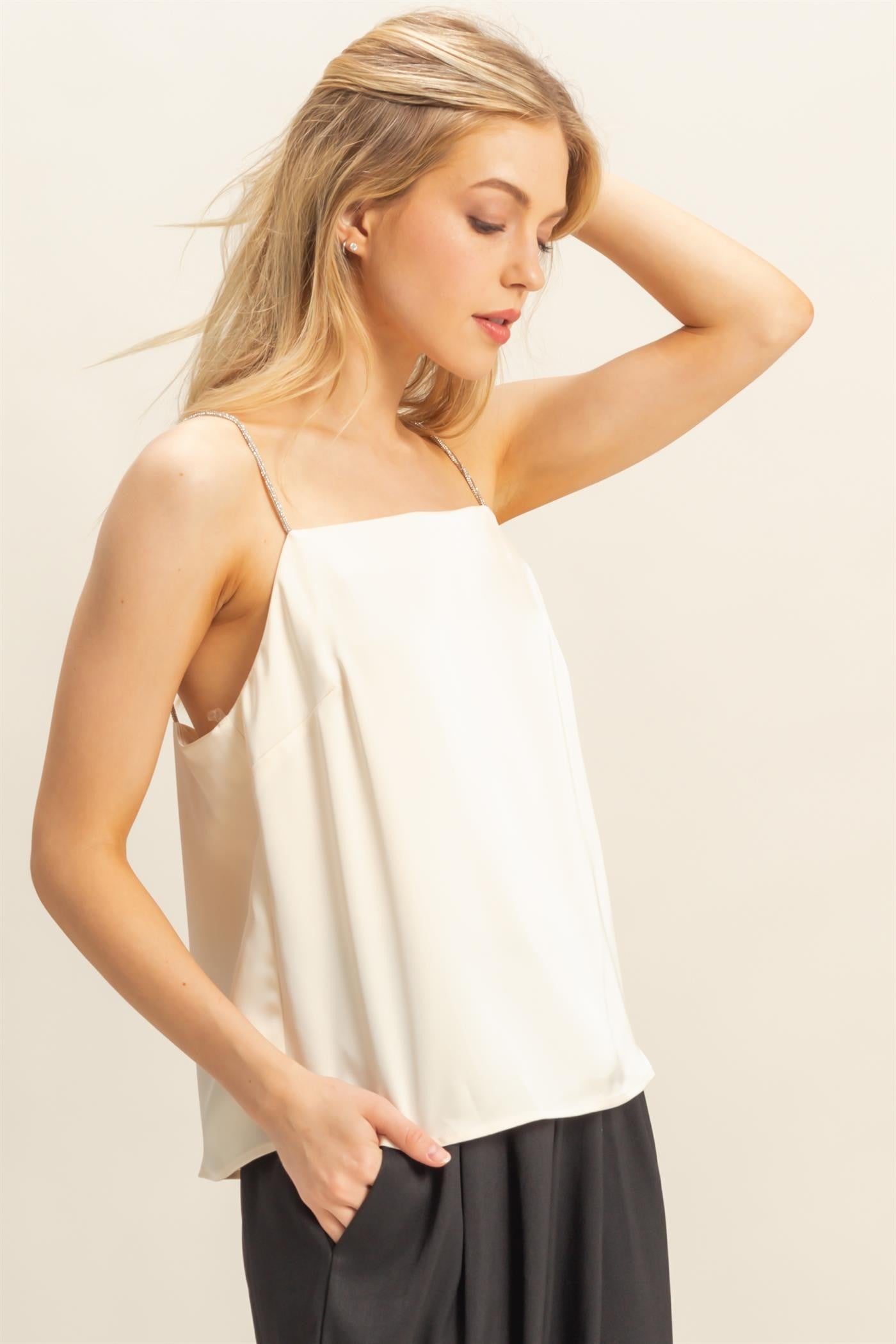 Shelli Cream Satin Cami With Rhinestone Straps