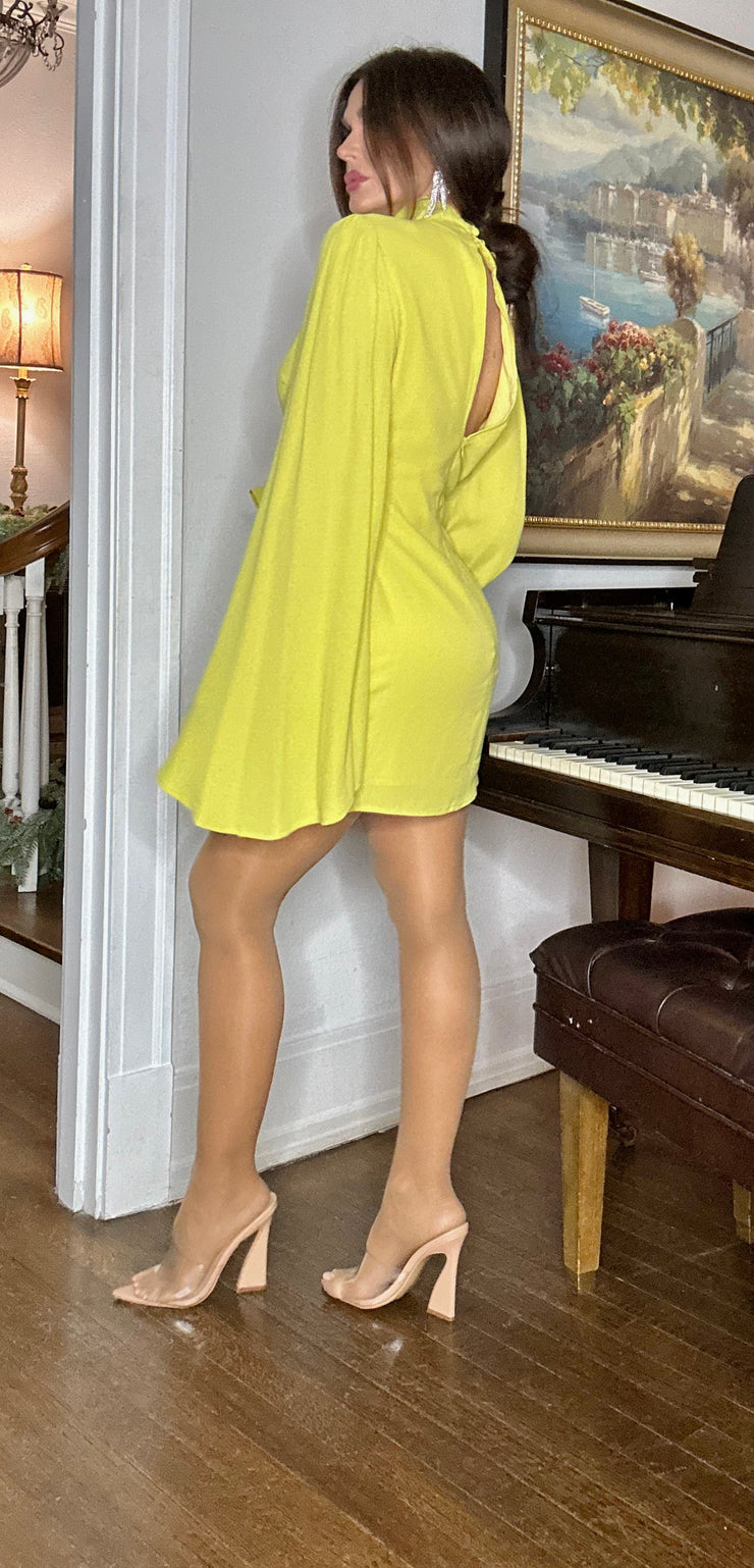 Aria Chartreuse bell sleeved min dress
