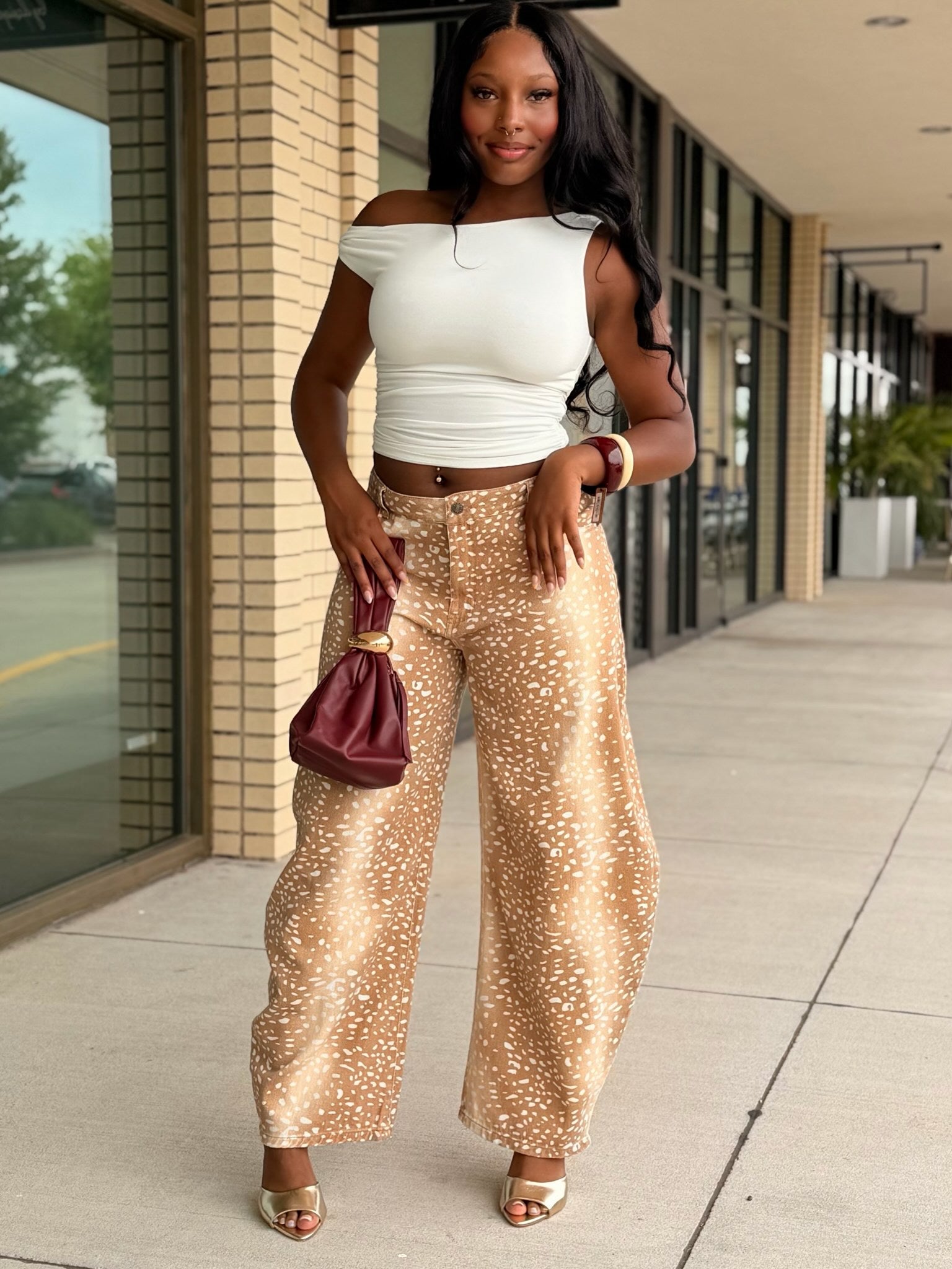 Bambi Khaki Fawn Print Wide Leg Pants