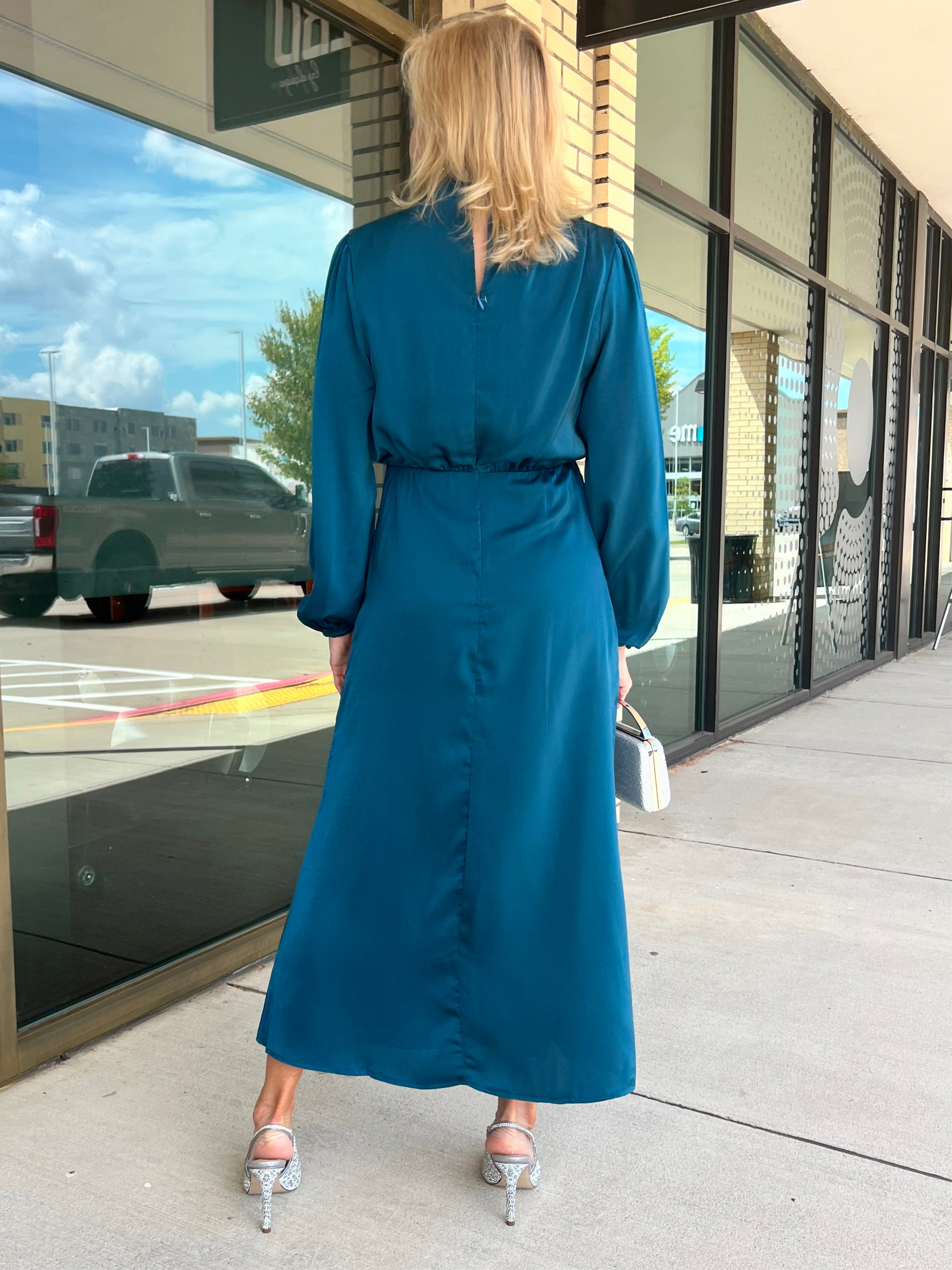 Andrea teal ruched high neck satin long sleeve midi dress