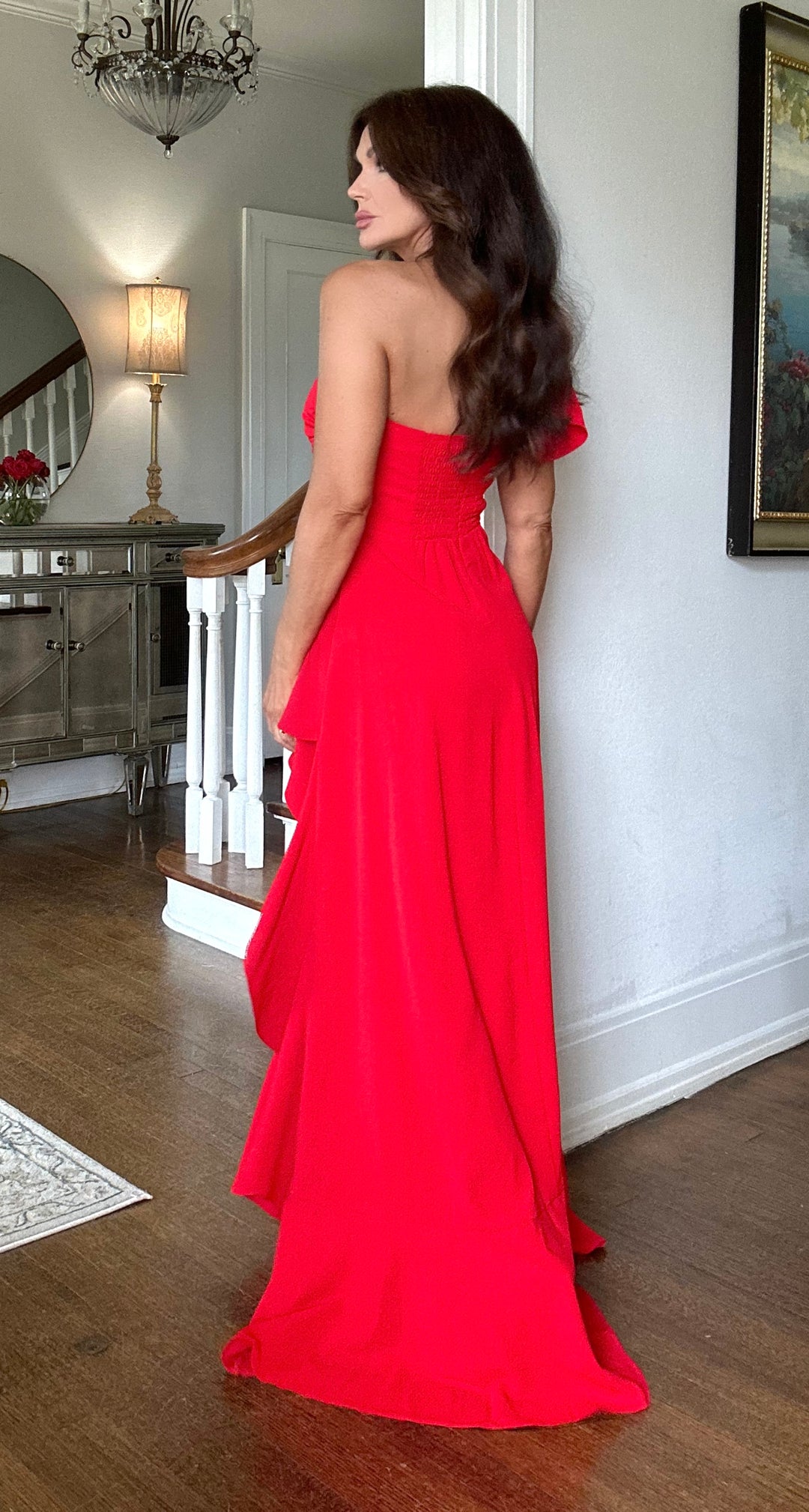 Trina red one shoulder ruffle and slit maxi dress