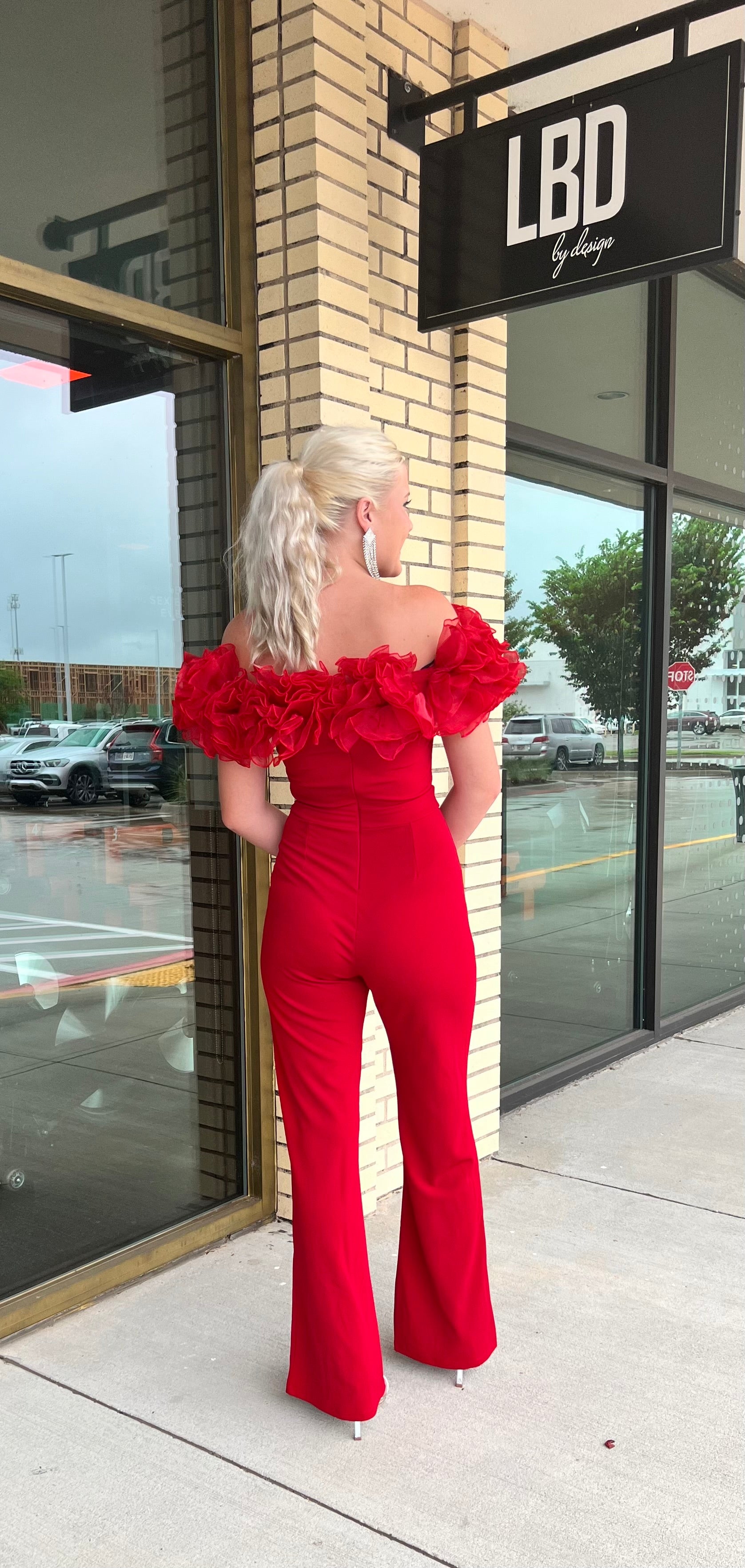 Rhodes red carnation detail off shoulder jumpsuit