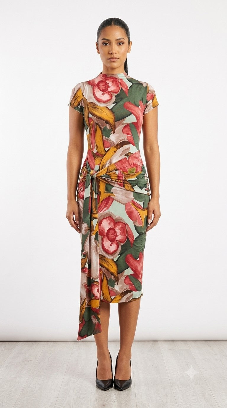 Kylie Sage Floral Front Sash Midi Dress