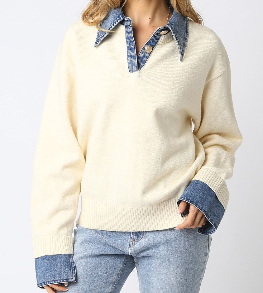 Everly Denim Contrast Knit Sweater Top