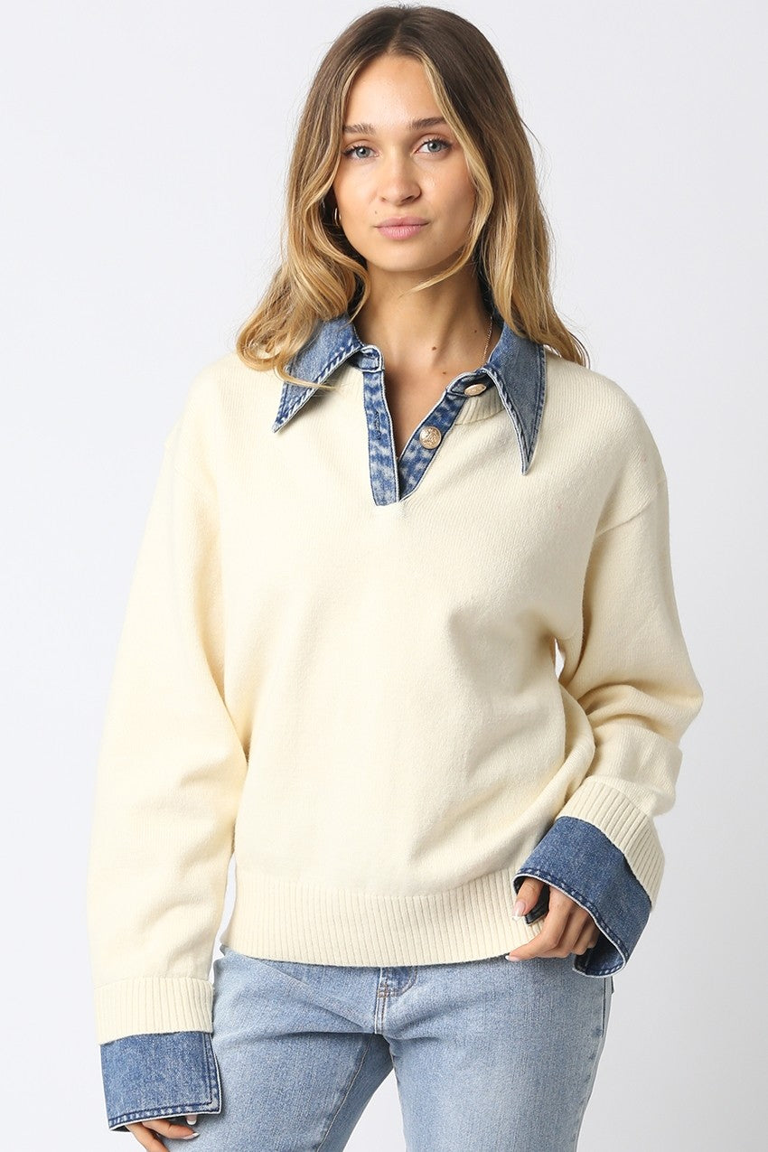 Everly Denim Contrast Knit Sweater Top