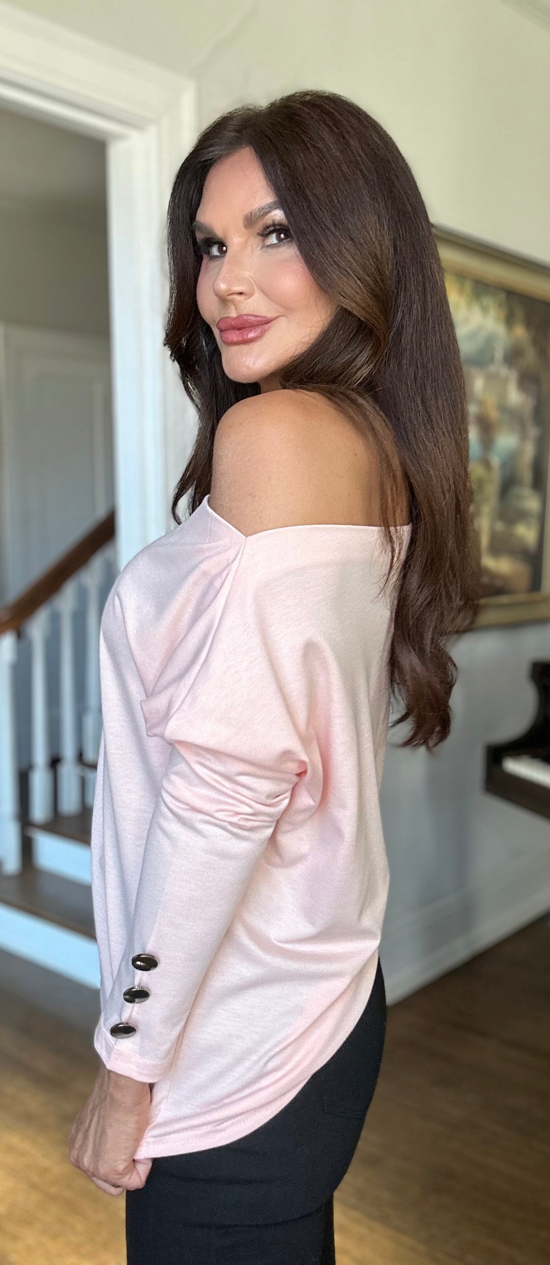 Kate pink nude batwing off the shoulder top