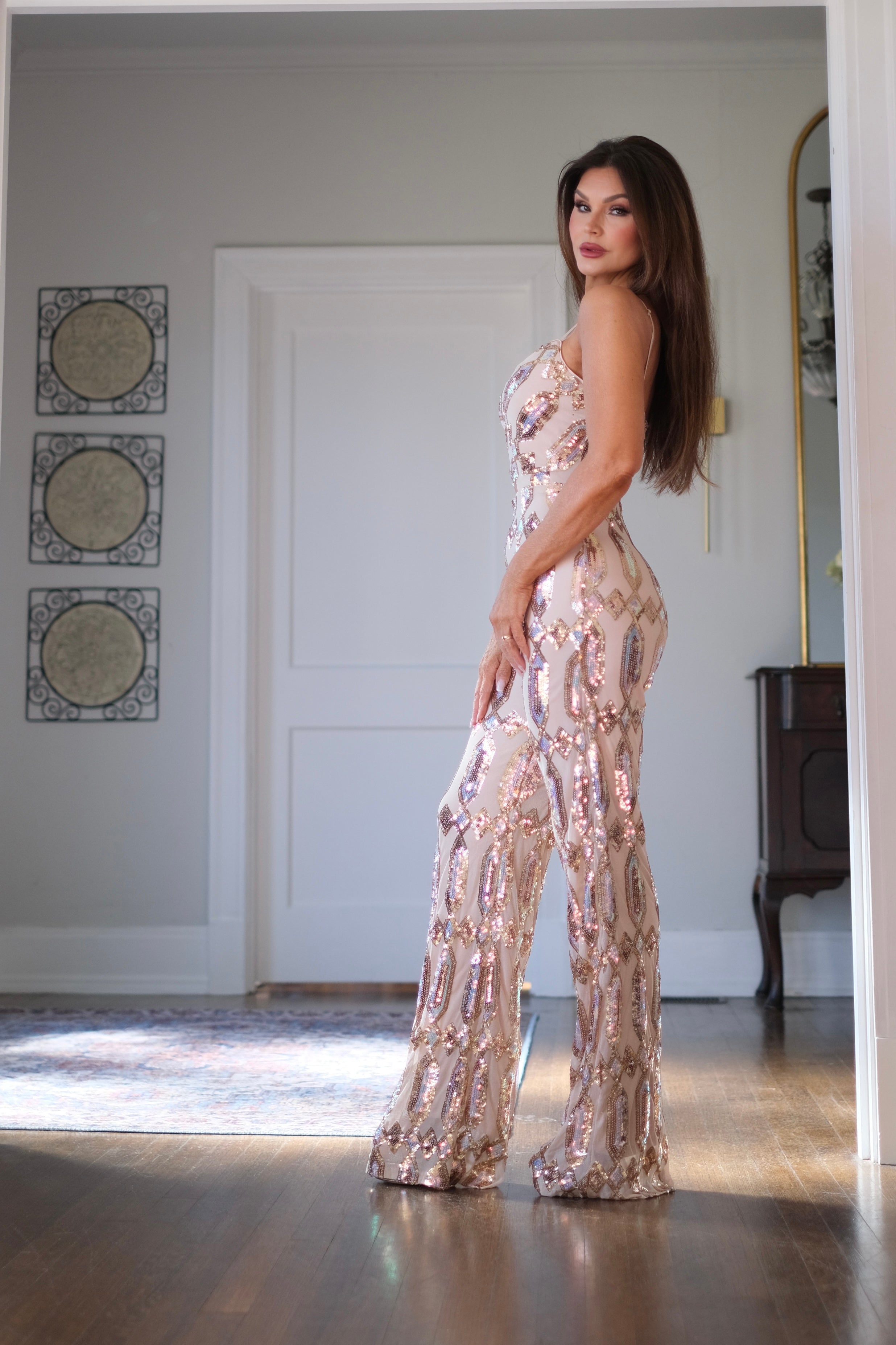 Ty taupe sequin jumpsuit with keyhole