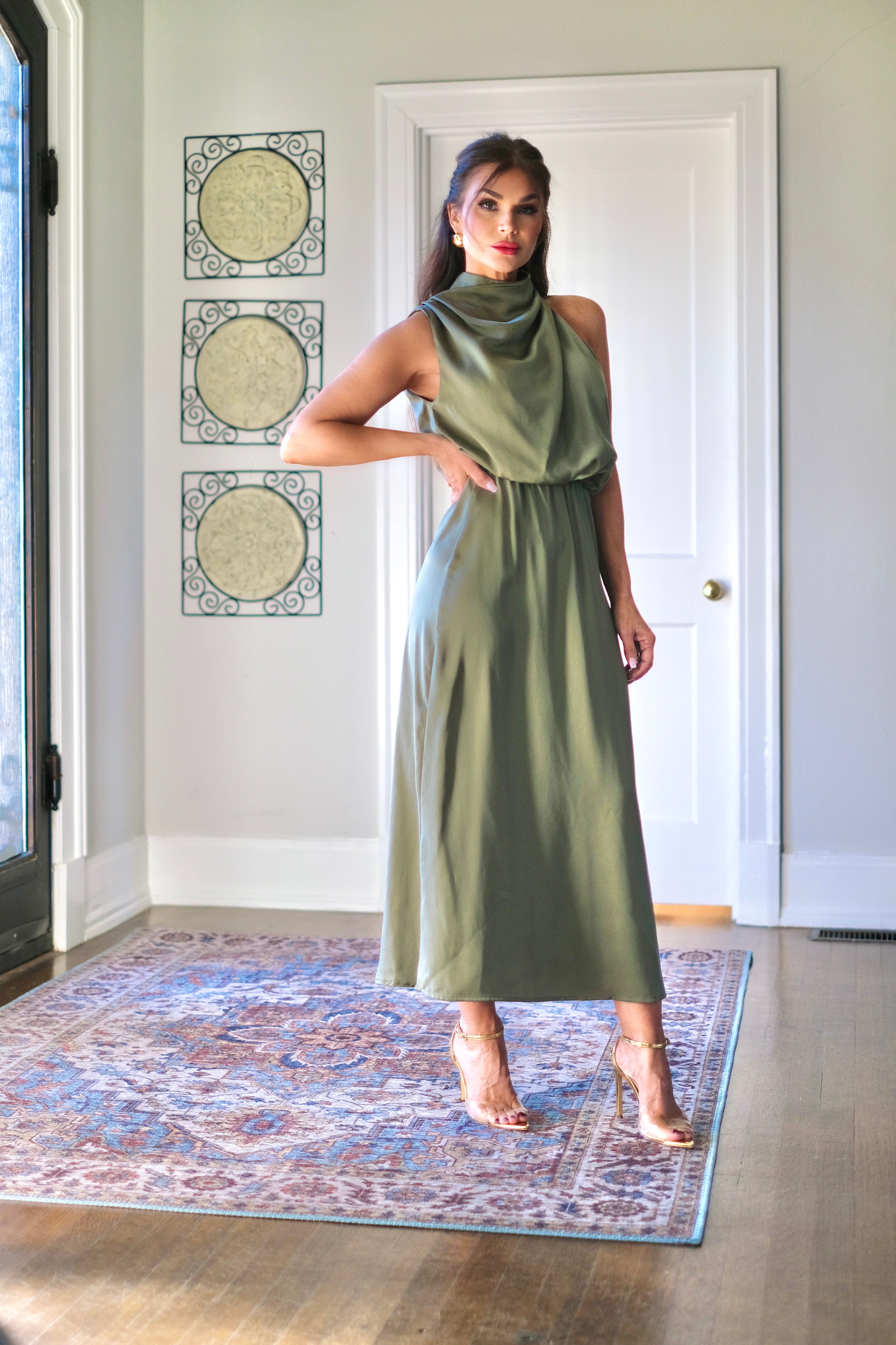 Suzanne Army Green Satin Sleeveless Midi Dress