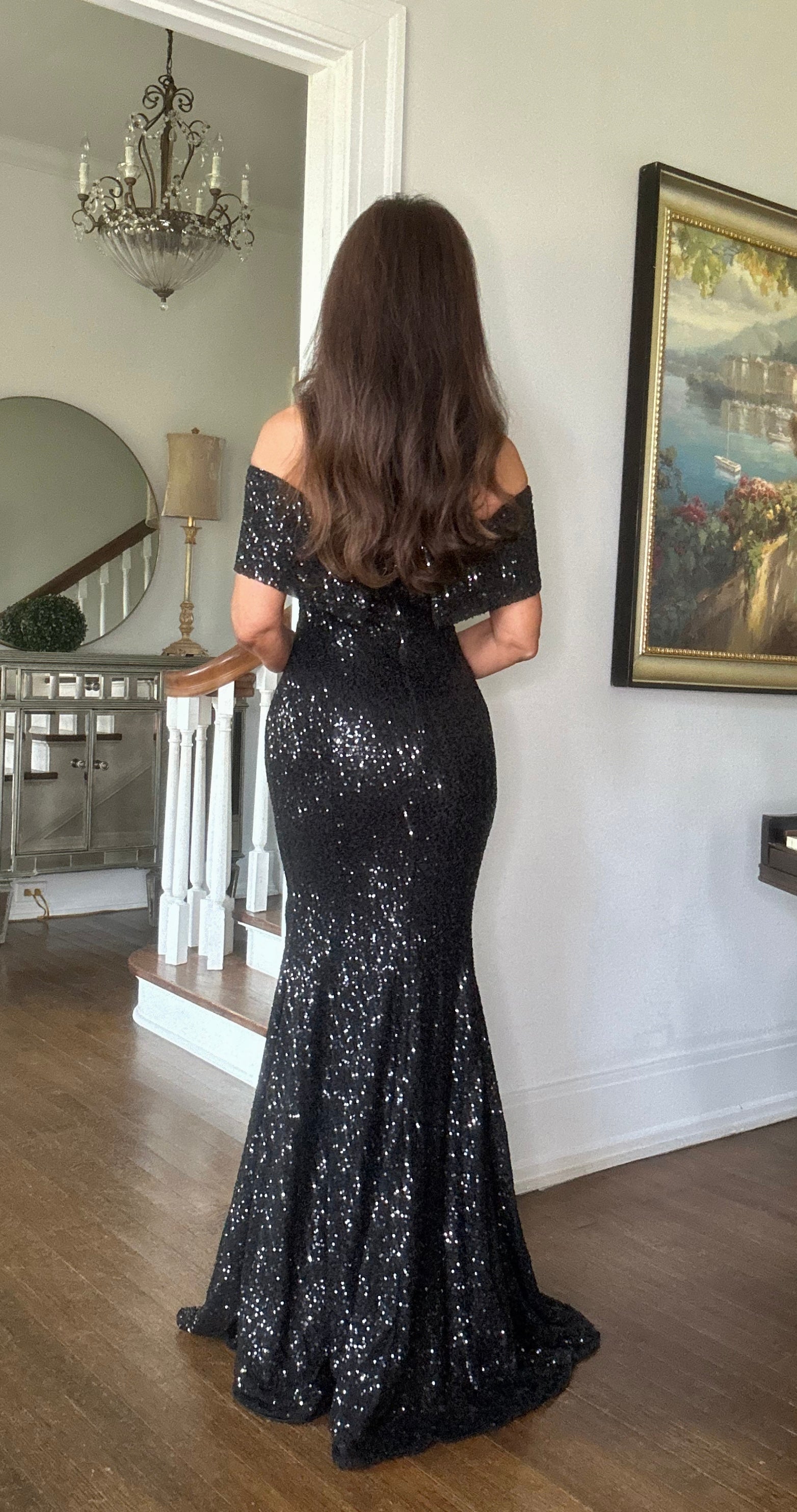 Camden Black Sequin Off the Shoulder Formal wiht Side Slit