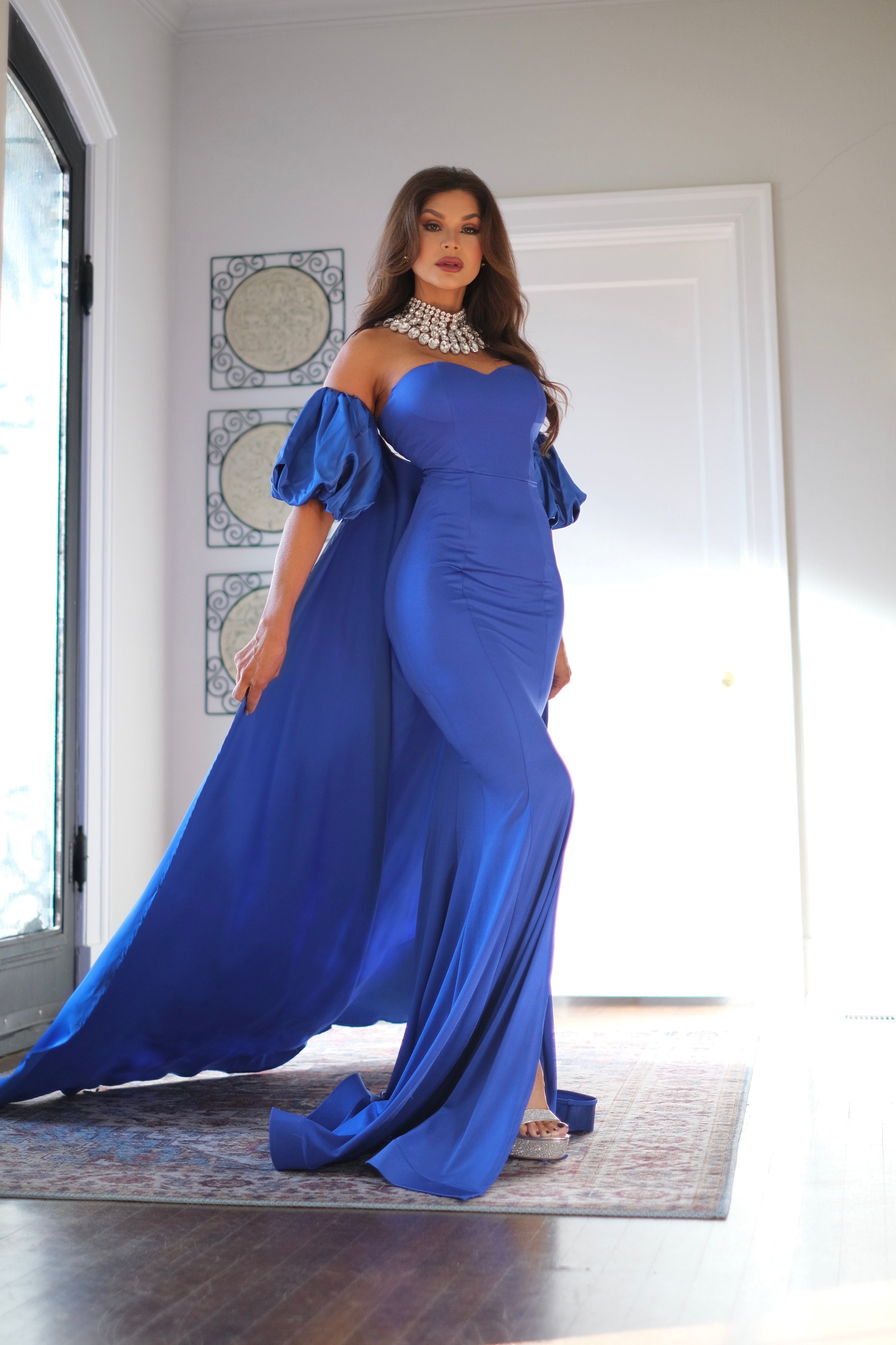 Luna royal blue strapless formal with slit and cape