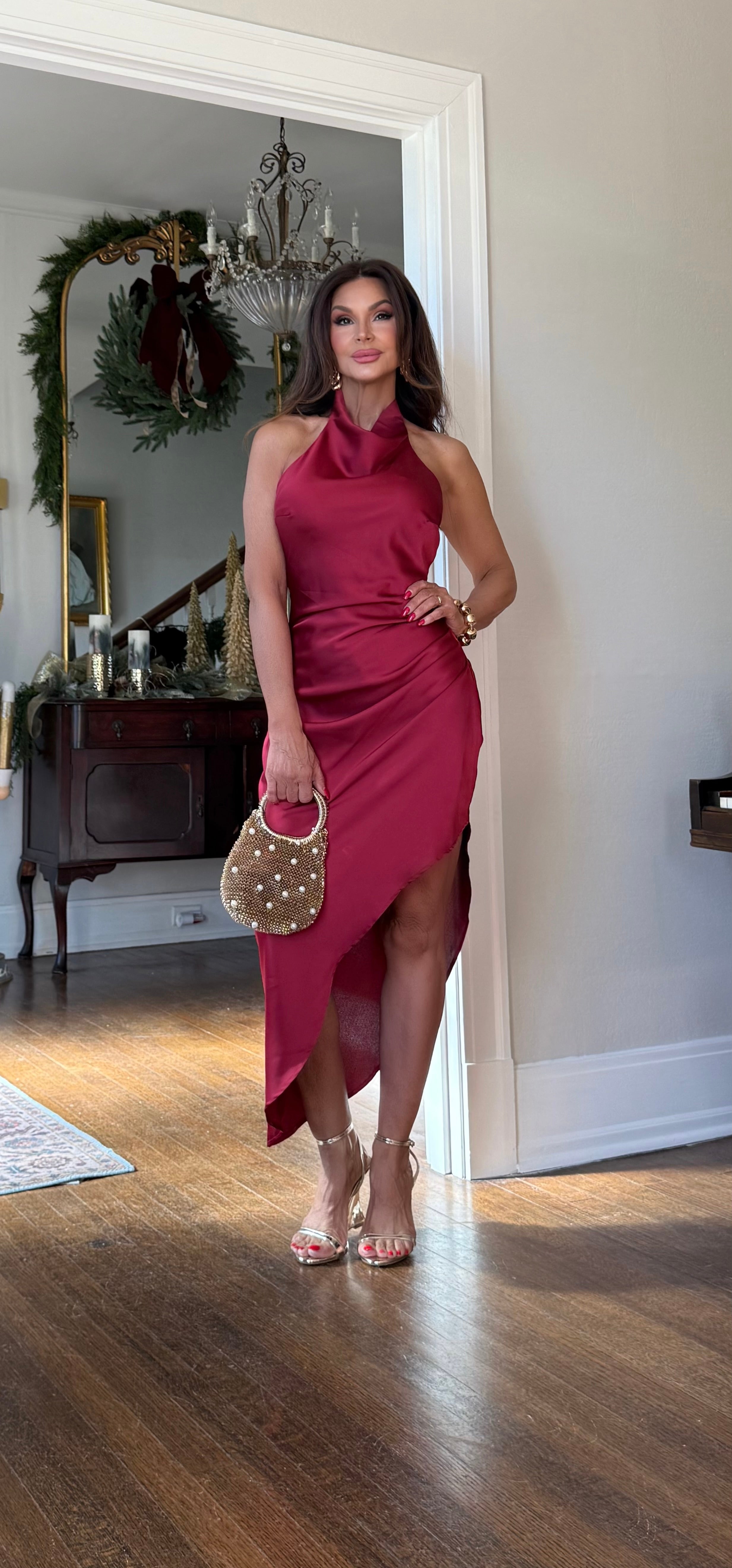 Kingsley Strawberry Wine Satin Asymmetrical Hem Halter Midi Dress