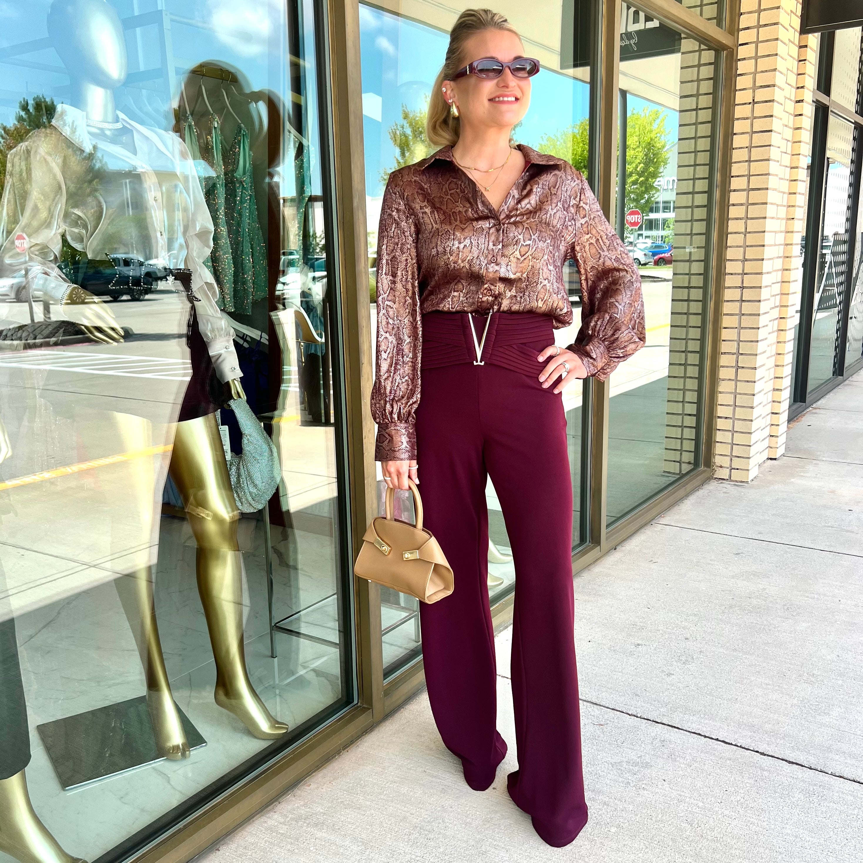 Vivica Burgundy Snake Print V-Neck Collar Button Down Shirt